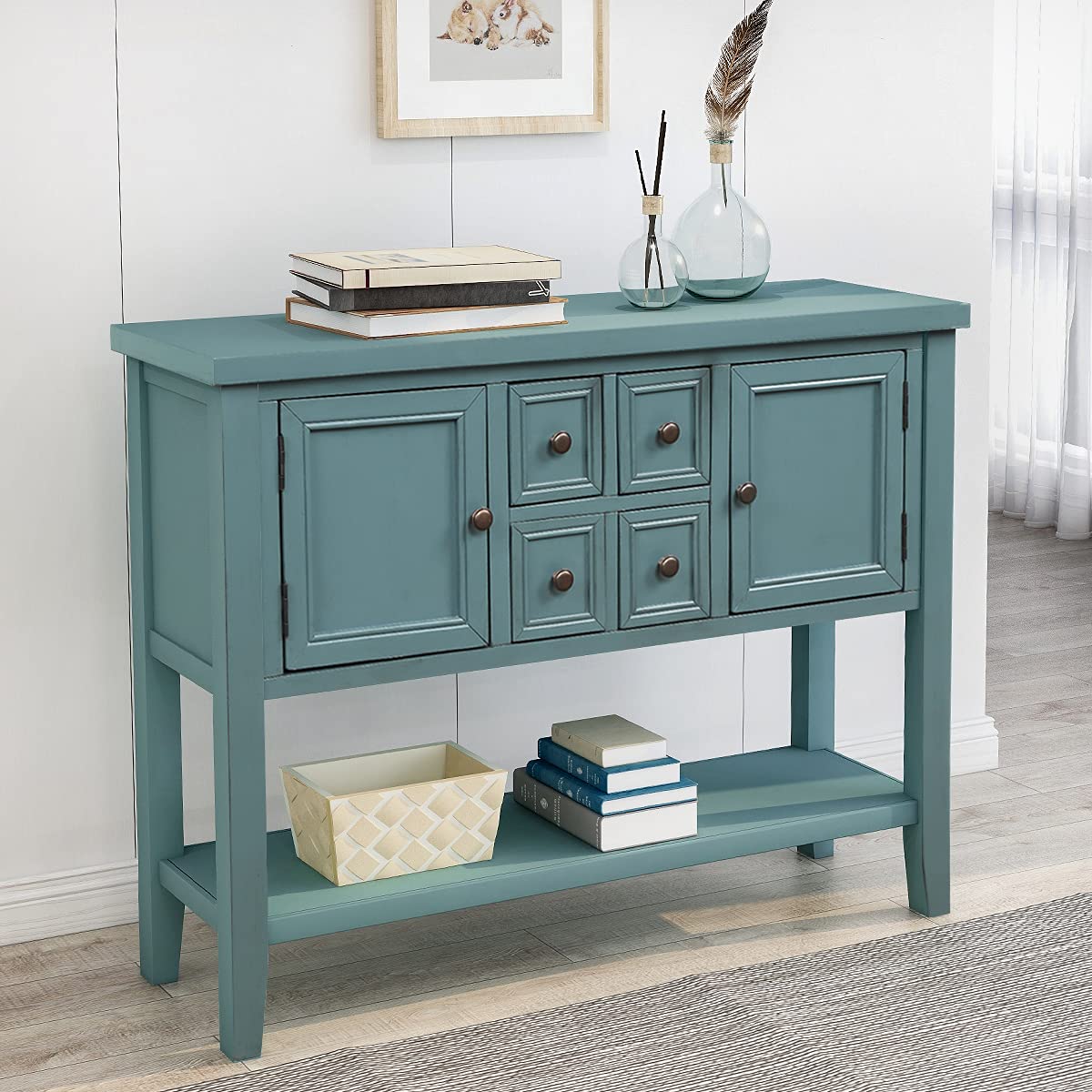 Winwee Console Table Buffet Sideboard with 4 Storage Drawers & Cabinets, Dark Blue Storage Shelf for Living Room, Kitchen, Dining Room, Entryway & Hallway