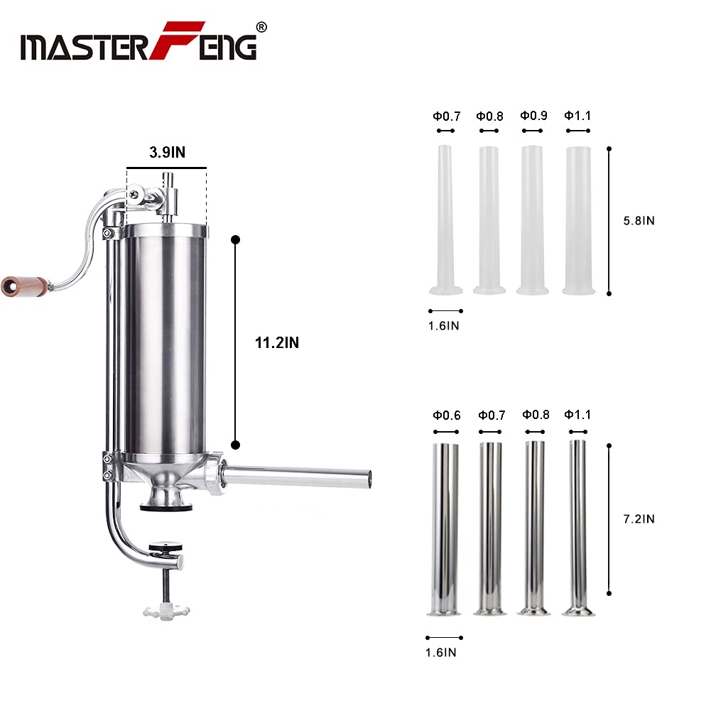 MASTER FENG 5LBS Vertical Stainless Steel Sausage Stuffer with 8 Tubes - Commercial & Home Use Sausage Maker for Homemade Sausages, Jerky & Pet Food