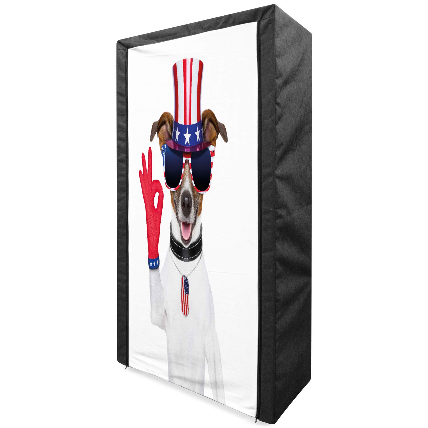 Ambesonne 4th of July Portable Fabric Wardrobe - Patriotic Jack Russell Dog with Uncle Sam Hat & Sunglasses Design - 33.5 Inch Multicolor Clothing Organizer with Shelves - Perfect for Bedroom, Closet & Holiday Storage