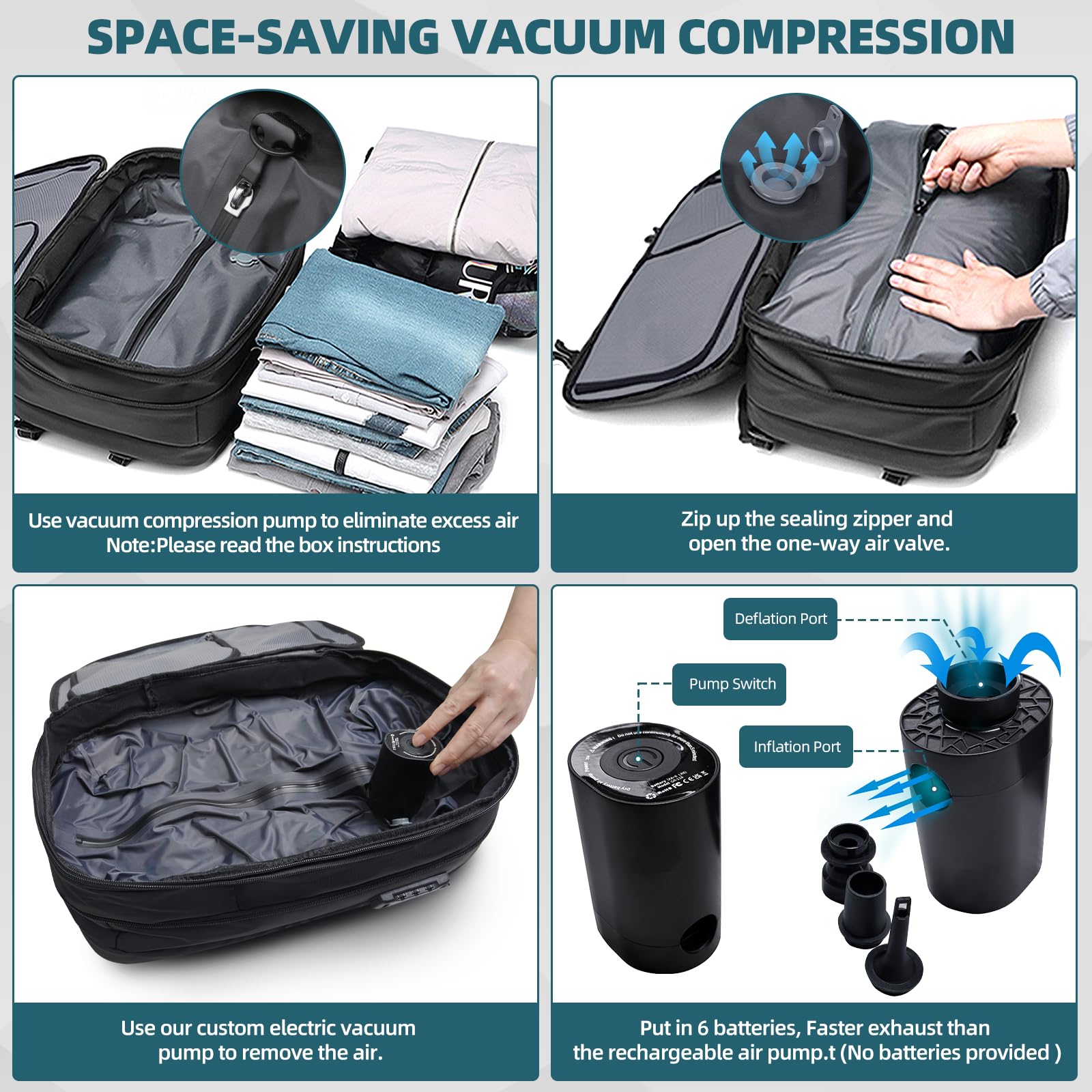 60L Expandable Air Vacuum Seal Travel Backpack with Pump - Water Resistant TSA Lock Laptop Backpack for Camping, Hiking & Business Trips