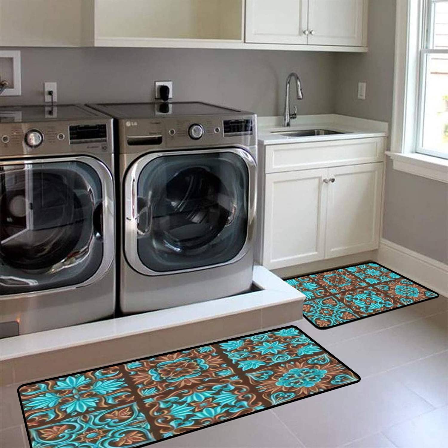 Italian Ceramic Tile Kitchen Rugs Set - Non-Slip Washable Floor Mats for Kitchen & Bath Decor
