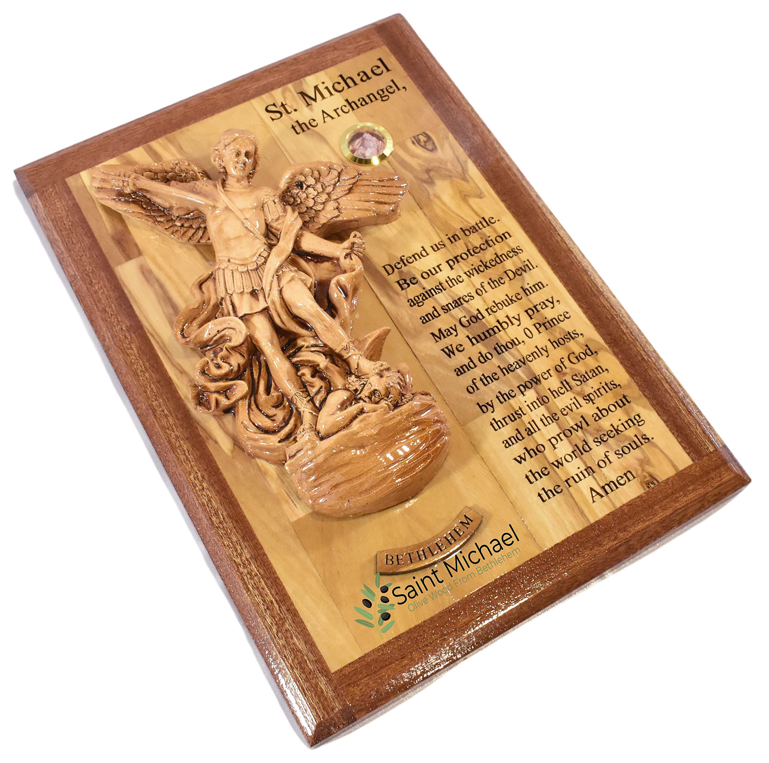 Handmade St. Michael Wall Sculpture - Olive Wood Religious Art from Holy Land | Archangel Michael Prayer Decor for Home, Church & Spiritual Spaces