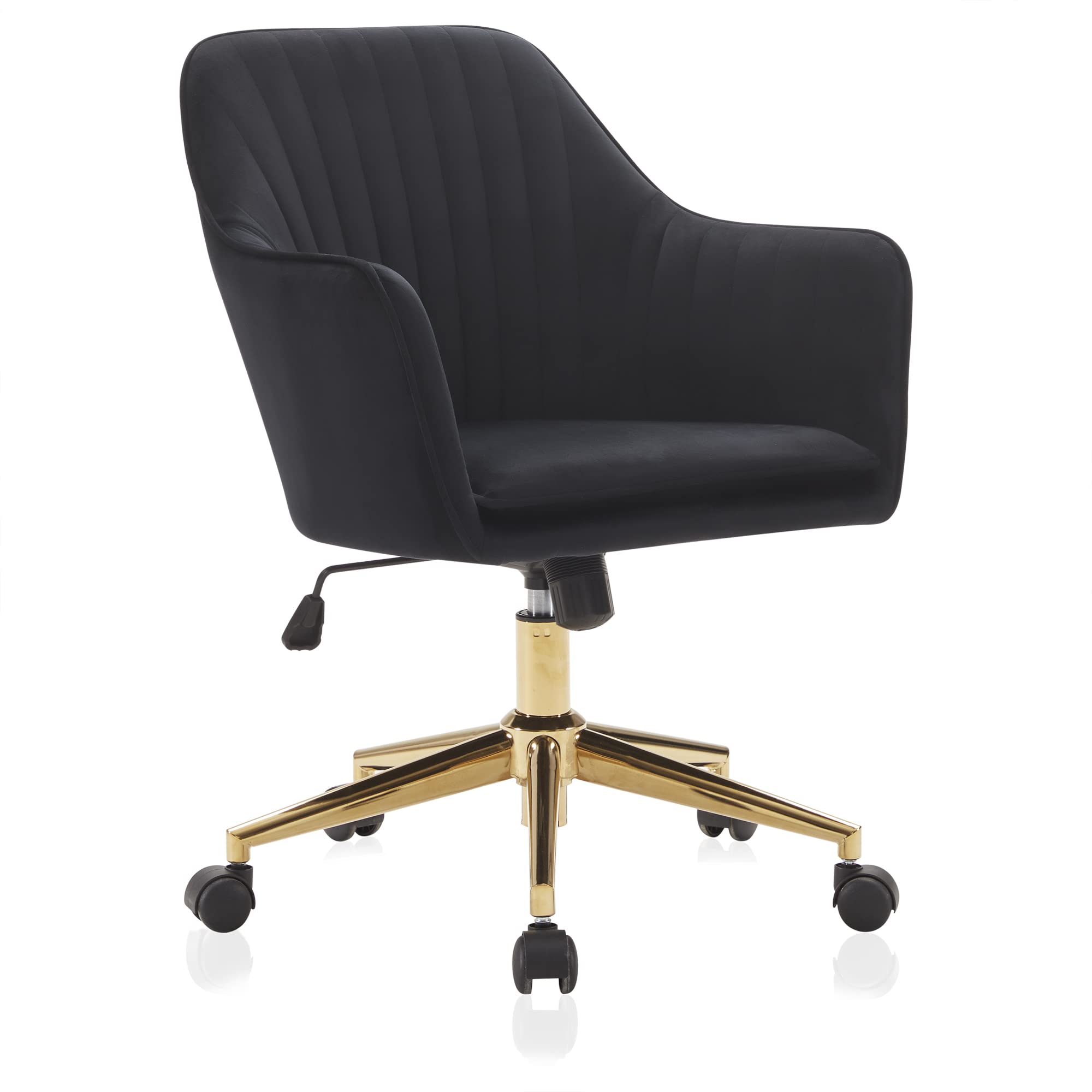 BELLEZE Modern Upholstered Velvet Swivel Office Chair with Adjustable Height - Rolling Desk Chair for Home Office, Gaming, Study - Black & Gold Accent Ergonomic Computer Chair for Work & Vanity