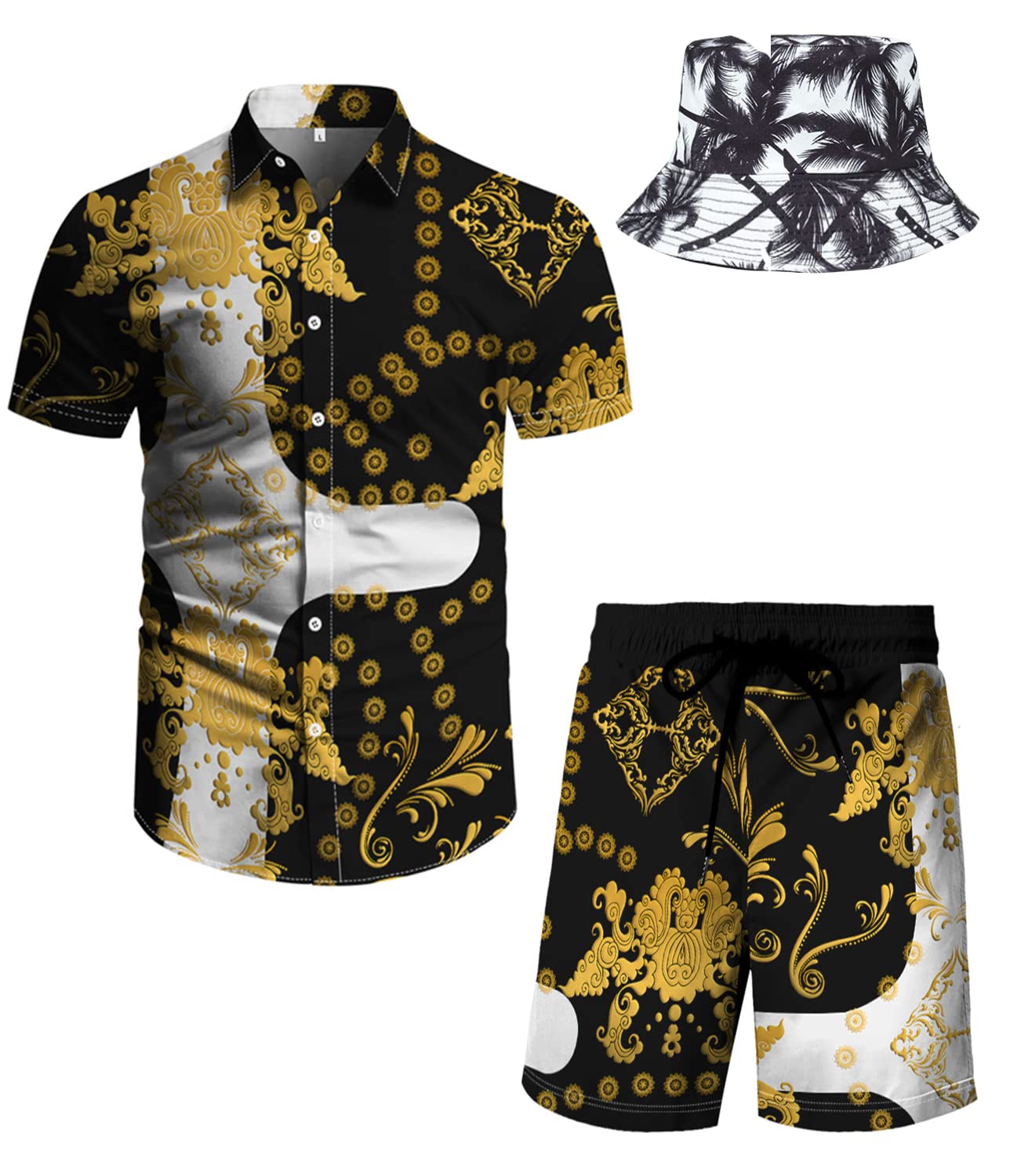 YAOGRO Men's Hawaiian Floral Beach Outfit Set - 2 Piece Matching Shirt & Shorts for Summer Vacation, Pool Party, and Tropical Festival Wear