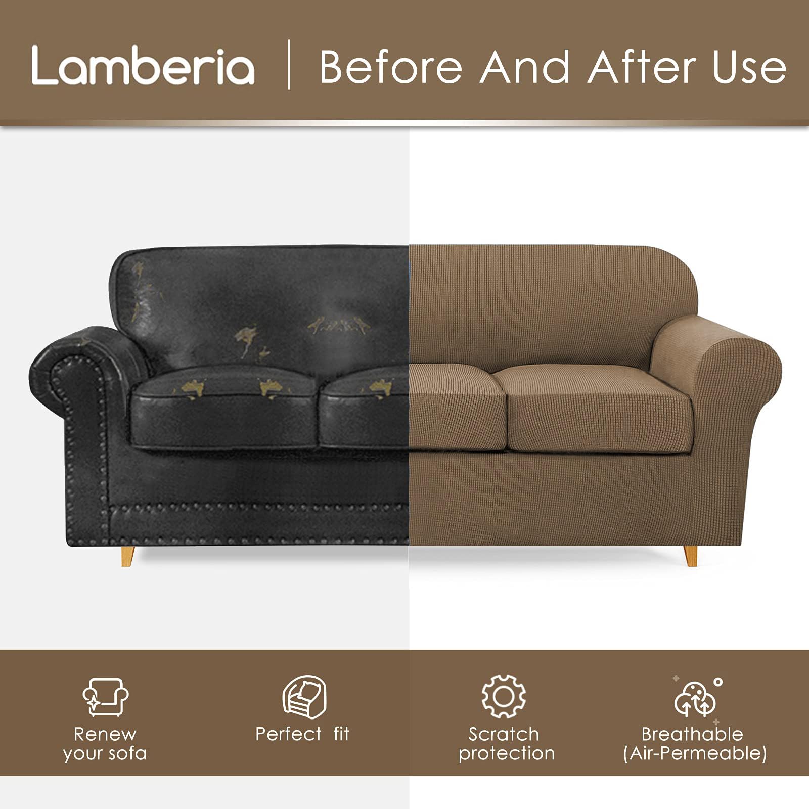 Lamberia Stretch Sofa Cover 3-Piece Set for 2 Cushion Couch & Loveseat - Thick Washable Plush Jacquard Slipcover - Furniture Protector for Pets, Kids & Dogs - Perfect for Living Room, Family Room & Home Decor