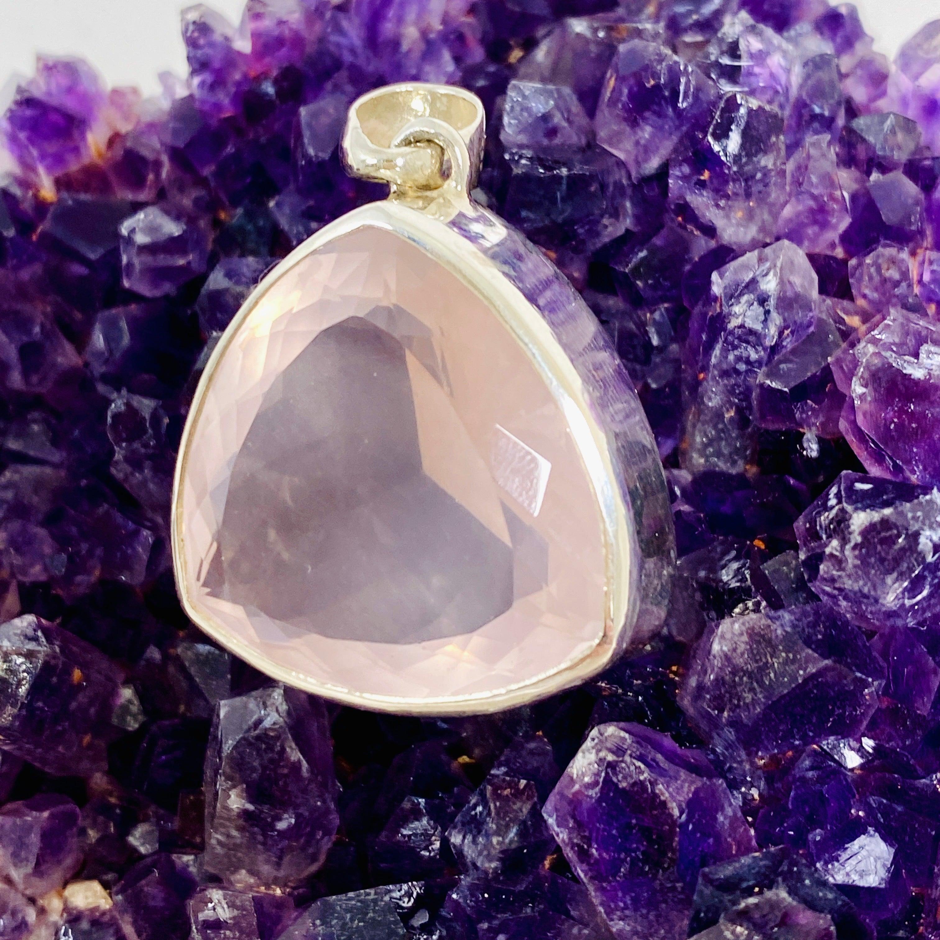 Rose Quartz Faceted Triangular Pendant Necklace KPGJ3995 - Elegant Healing Crystal Jewelry for Women, Meditation & Spiritual Gifts