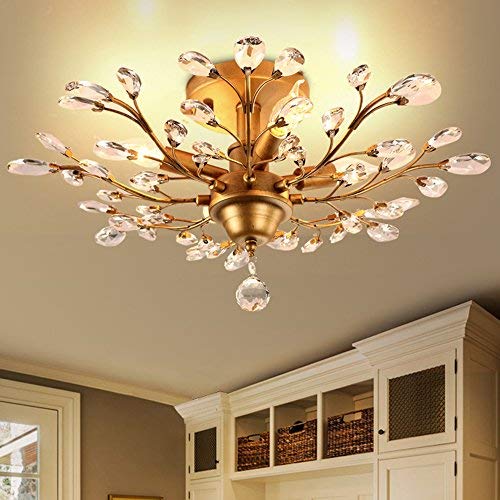 Vintage Crystal Branch Chandelier - 4-Light Flush Mount Ceiling Fixture with Tree Leaves Design | Modern Pendant Lighting for Dining Room, Bedroom & Living Room Decor