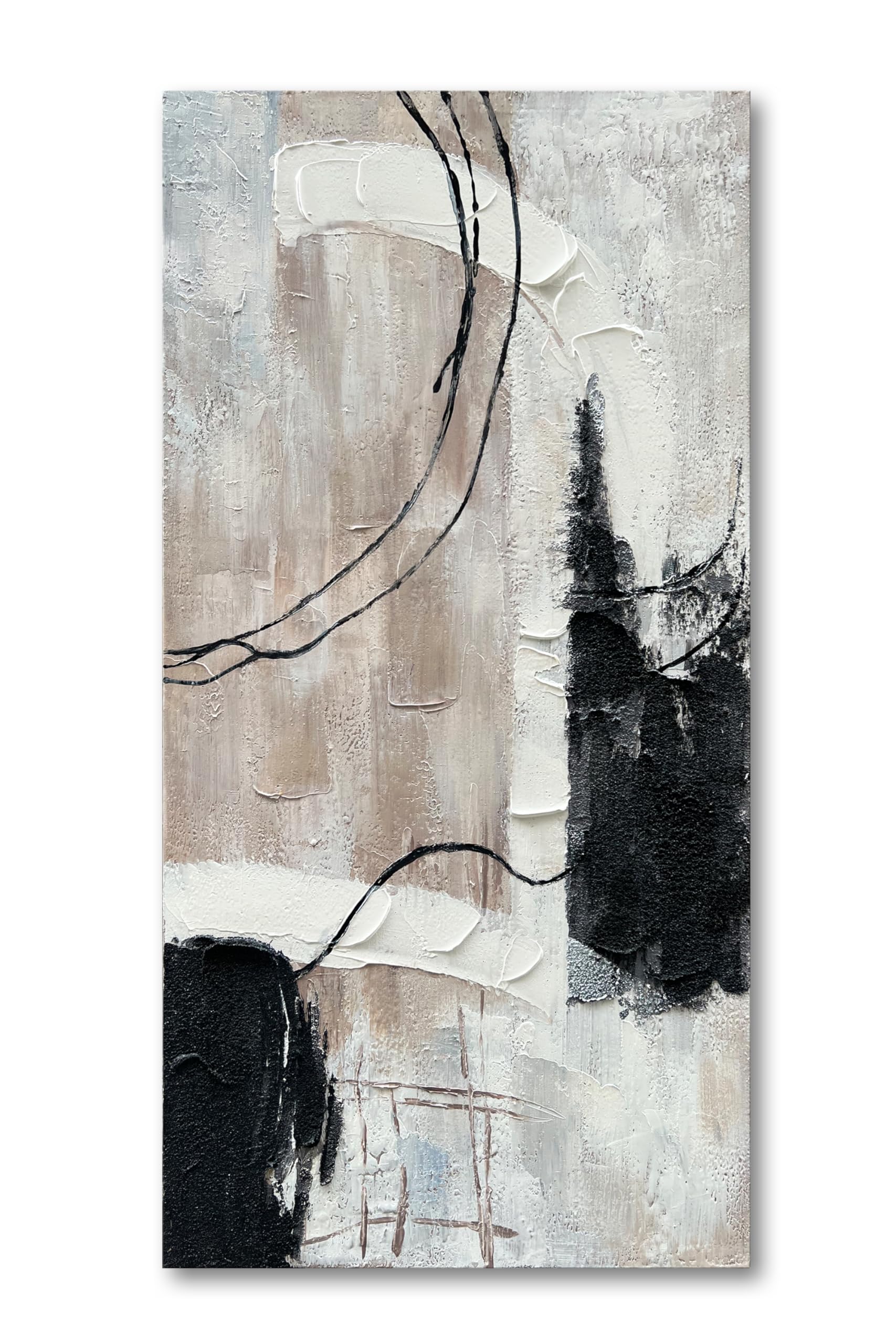 Hand-Painted Black & White Abstract Oil Painting on Canvas - Modern Large Wall Art Decor (47x23 Inch) for Living Room, Bedroom & Office