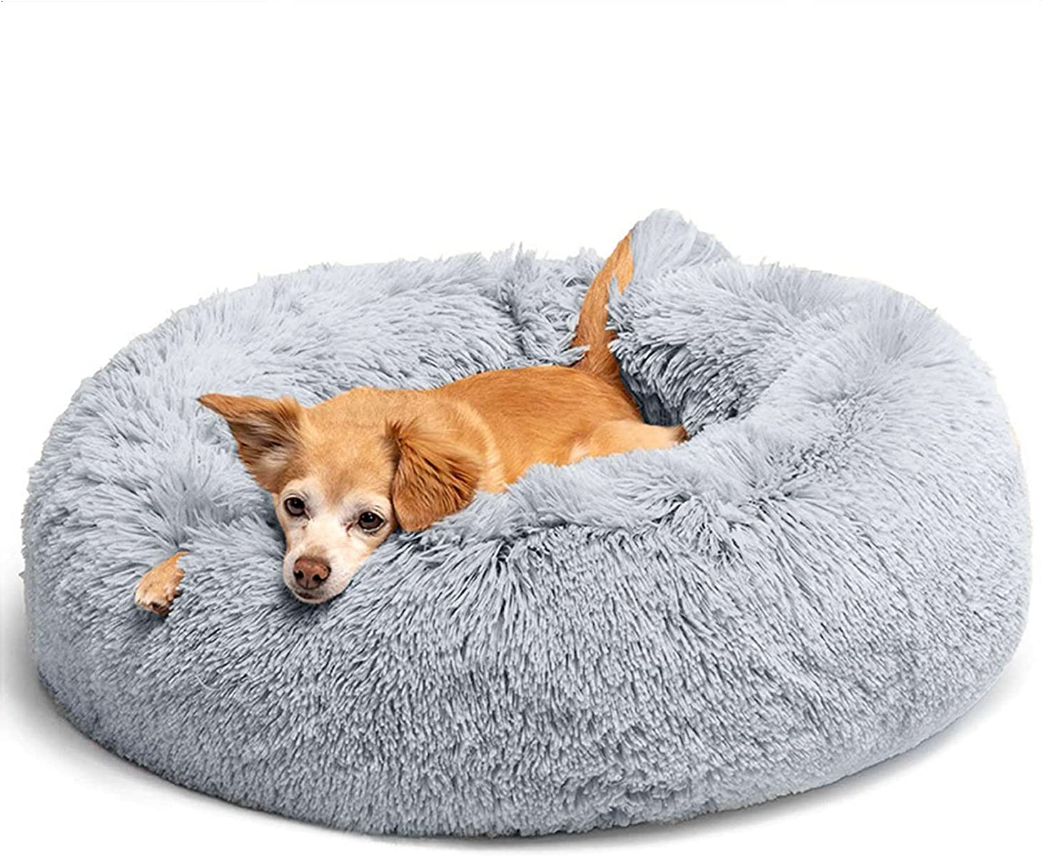 Washable Donut Dog Bed for Medium & Large Dogs - Fluffy Round Calming Cuddler Pet Bed with Faux Fur, Also Perfect for Small Cats | Cozy Sleeping Spot for Pets in Living Room or Bedroom