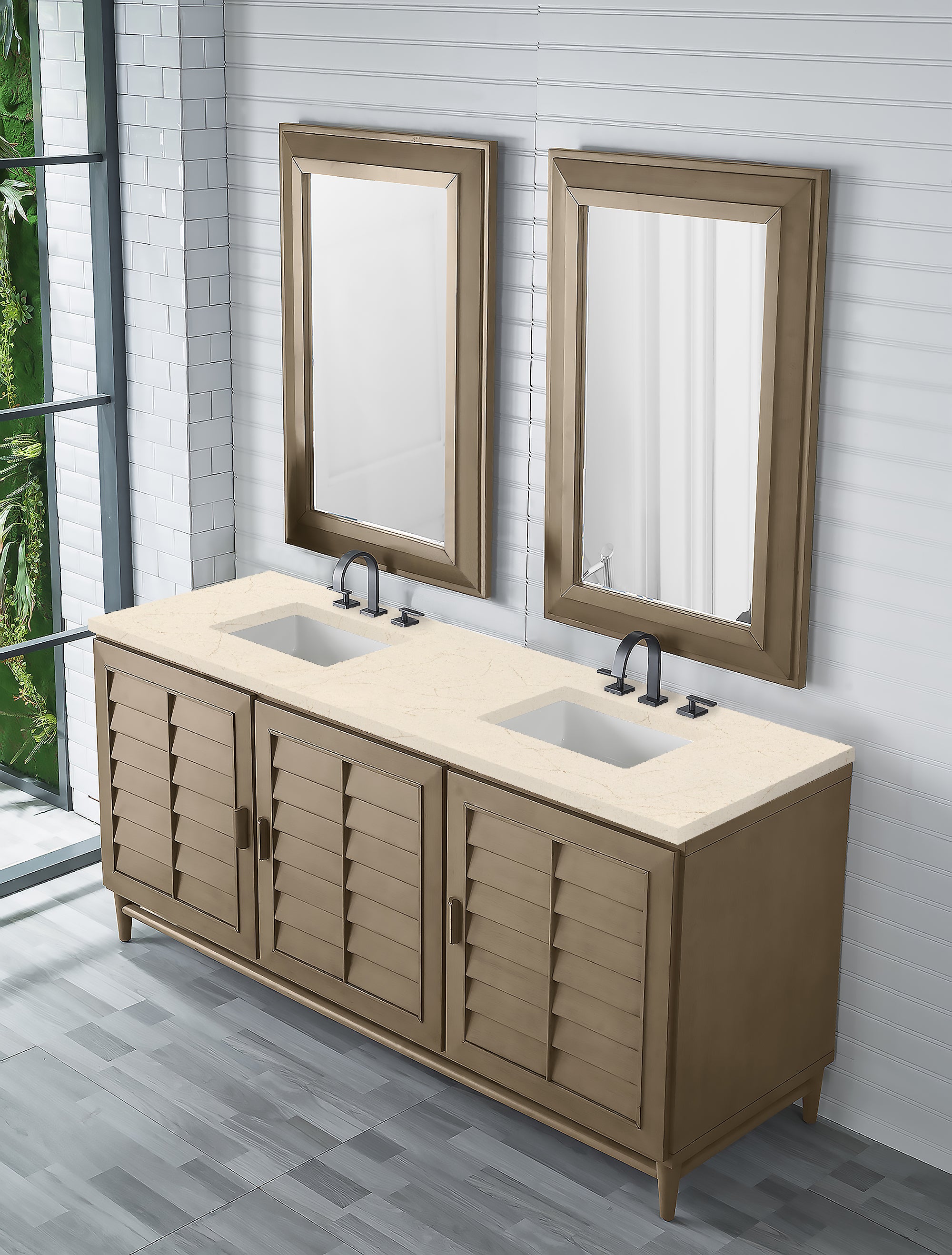 Portland 72 Inch Double Vanity with Whitewashed Walnut Base & 3CM Eternal Marfil Quartz Countertop - Modern Bathroom Sink Cabinet for Master Bath or Guest Bathroom