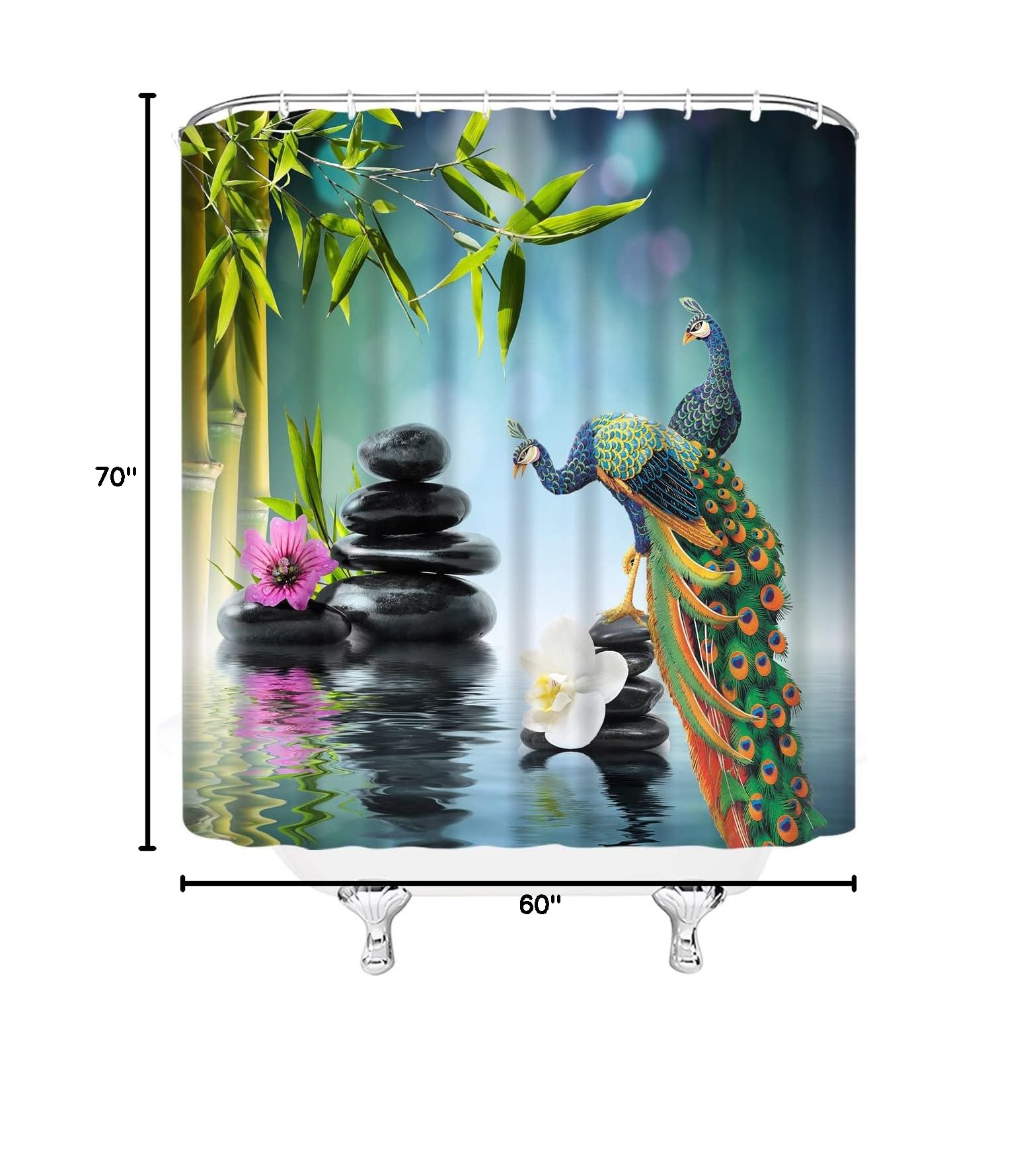 Zen Garden Shower Curtain - Peacock Green Bamboo Leaf with Purple & White Flowers - Black Stone Water Landscape Spa Theme - 60 x 70 Inch Bathroom Decor Set with Hooks | Perfect for Relaxing Spa Bathrooms, Meditation Spaces & Asian-Inspired Home Decor