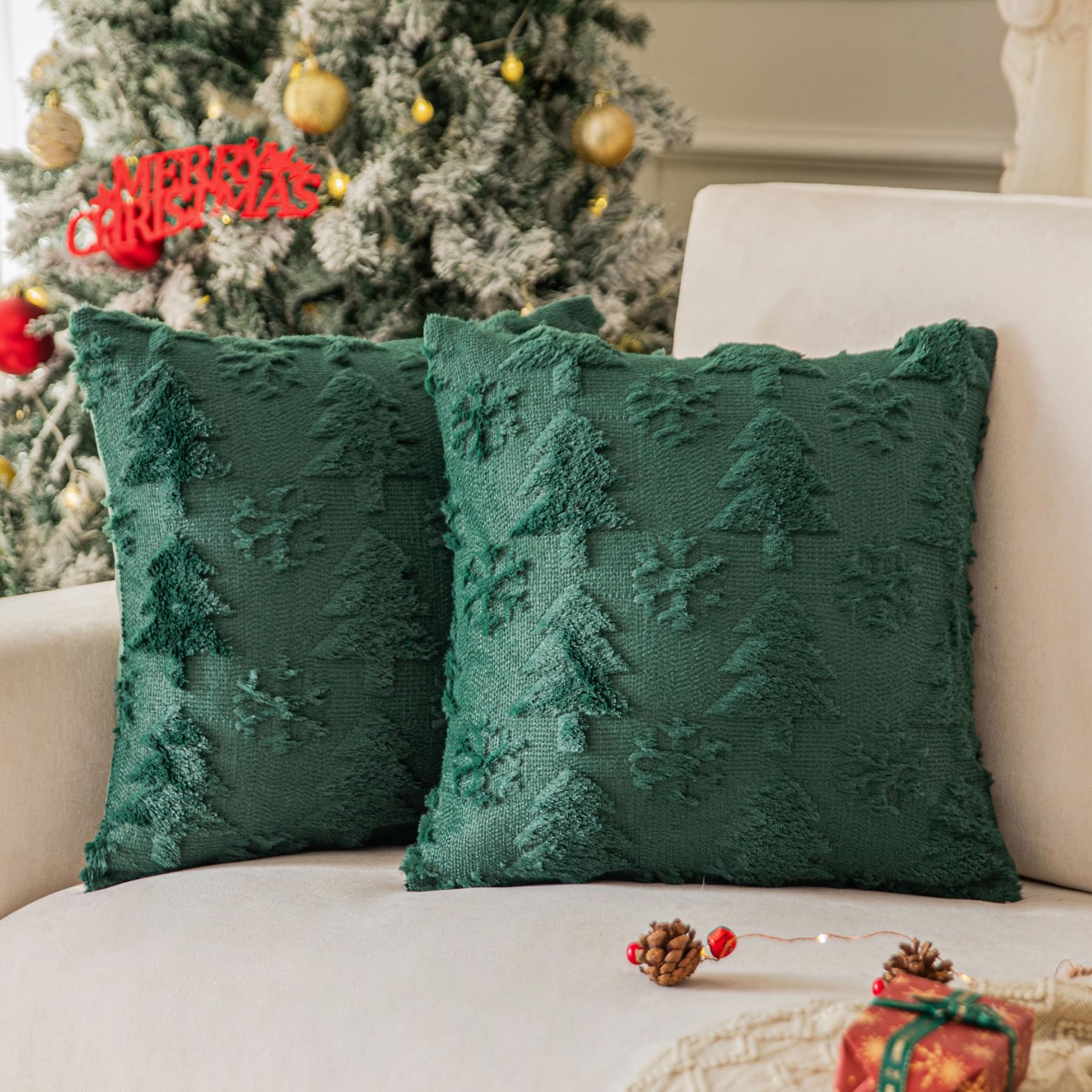 Snowflake Shaped Faux Fur Christmas Tree Pillow Covers 20x20 Inches - Set of 2 Soft Plush Throw Pillowcases for Couch, Sofa & Bed - Cozy Winter Holiday Decor for Farmhouse, Living Room & Christmas Party Decorations