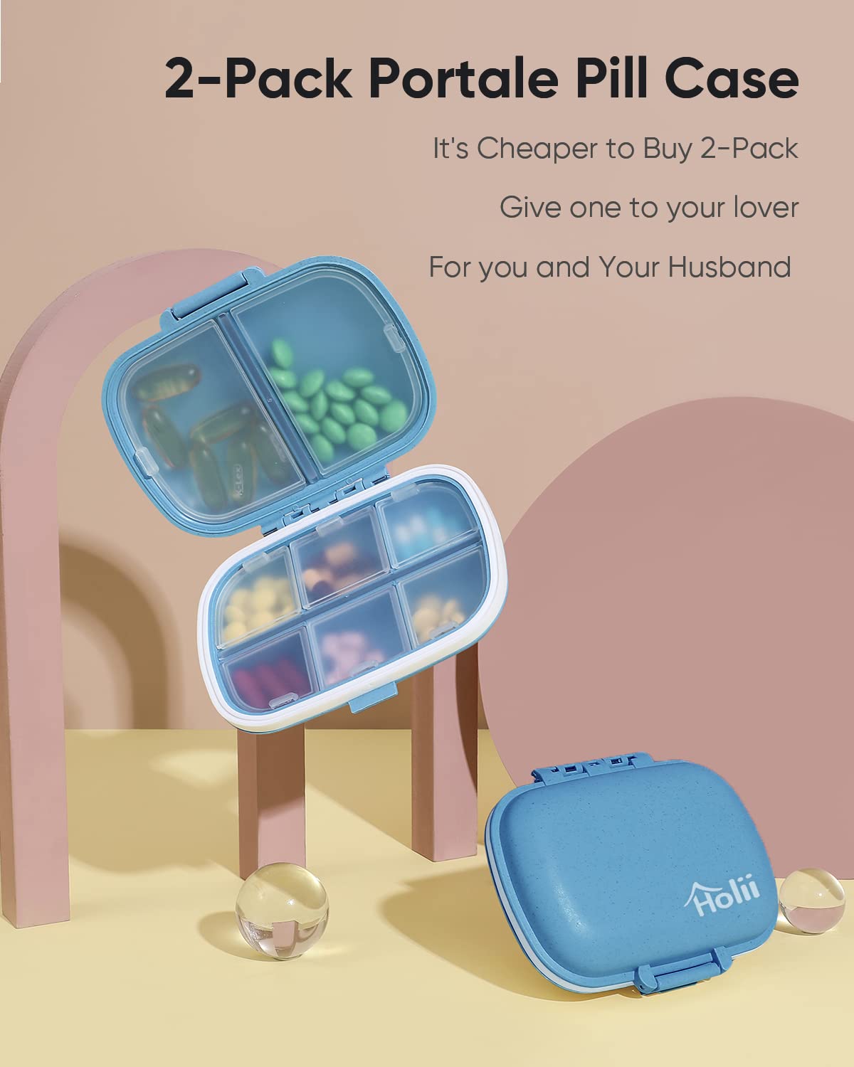 Holii 2-Piece 8-Compartment Travel Pill Organizer - Portable Daily Medicine Box & Vitamin Holder for Purse, Pocket Pharmacy - Perfect for Travel, Work & Home Use (Blue)