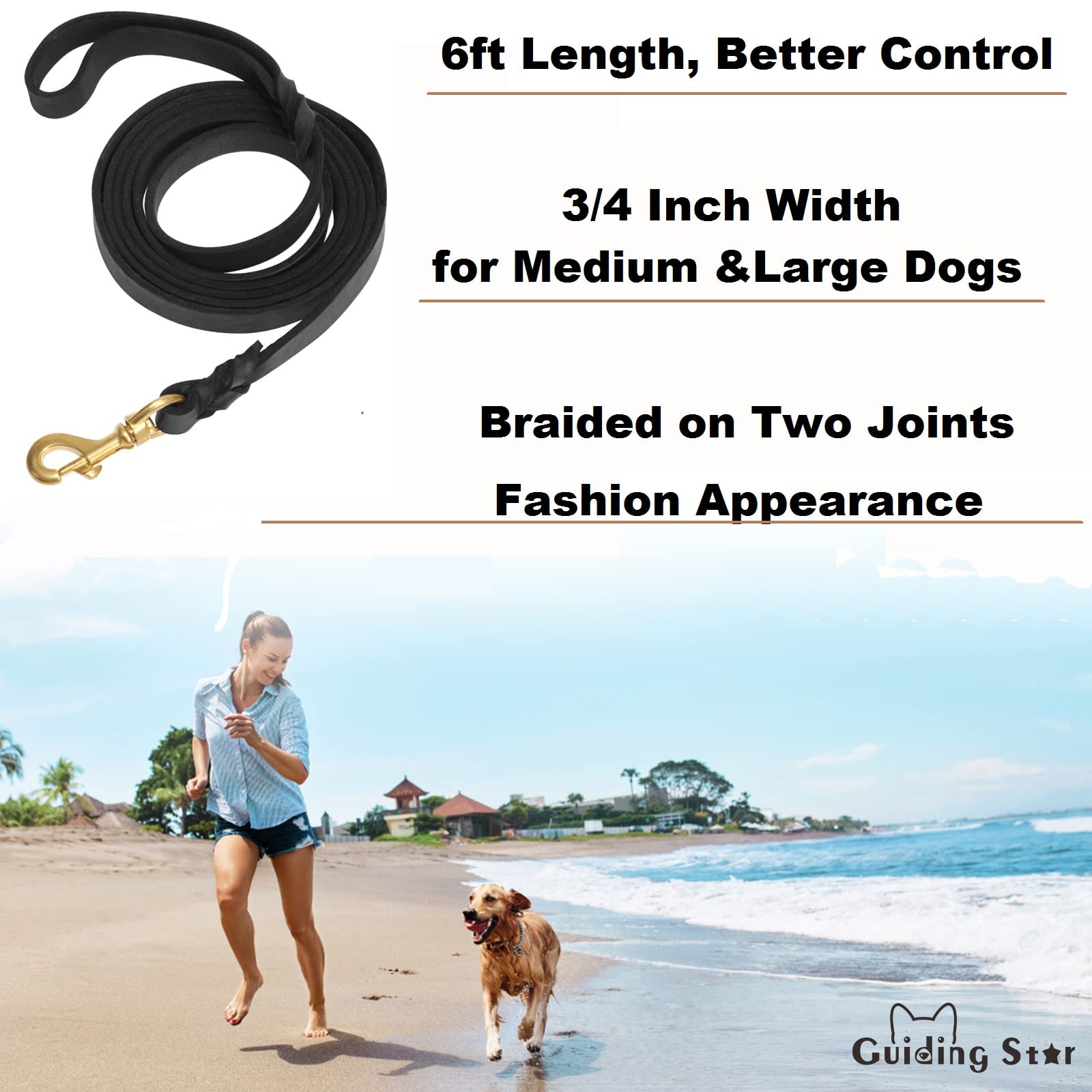 Premium 6ft Heavy Duty Leather Dog Leash for Large & Medium Dogs - Soft Braided Handmade Training Leash (6ft x 3/4inch, Black) - Perfect for Daily Walks, Obedience Training & Outdoor Adventures