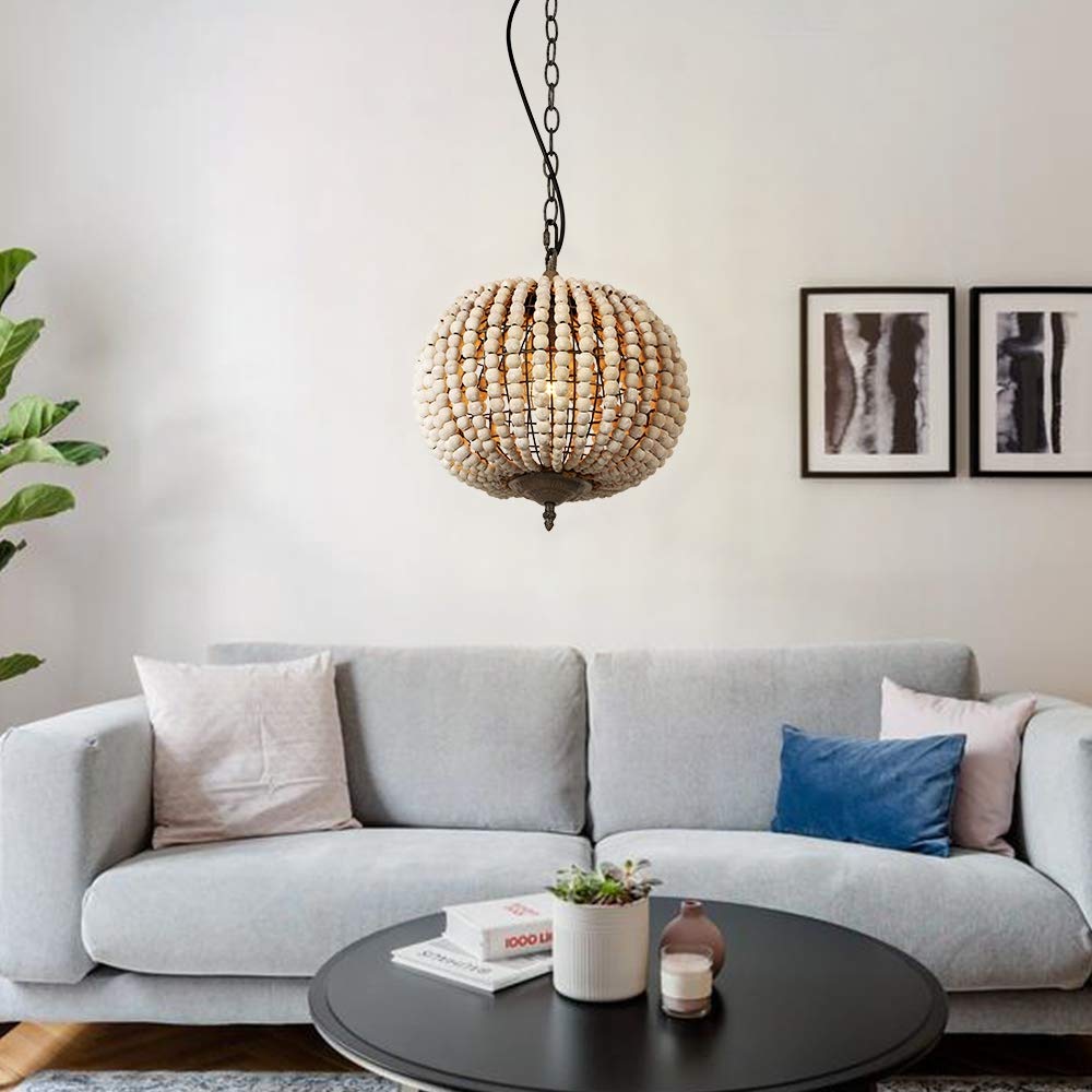 Bohemian Gray White Wood Bead Chandelier Pendant Light - Handcrafted Globe Ceiling Lamp for Bedroom, Dining Room & Living Room | Perfect for Beach House Decor, Farmhouse Style & Boho Home Lighting