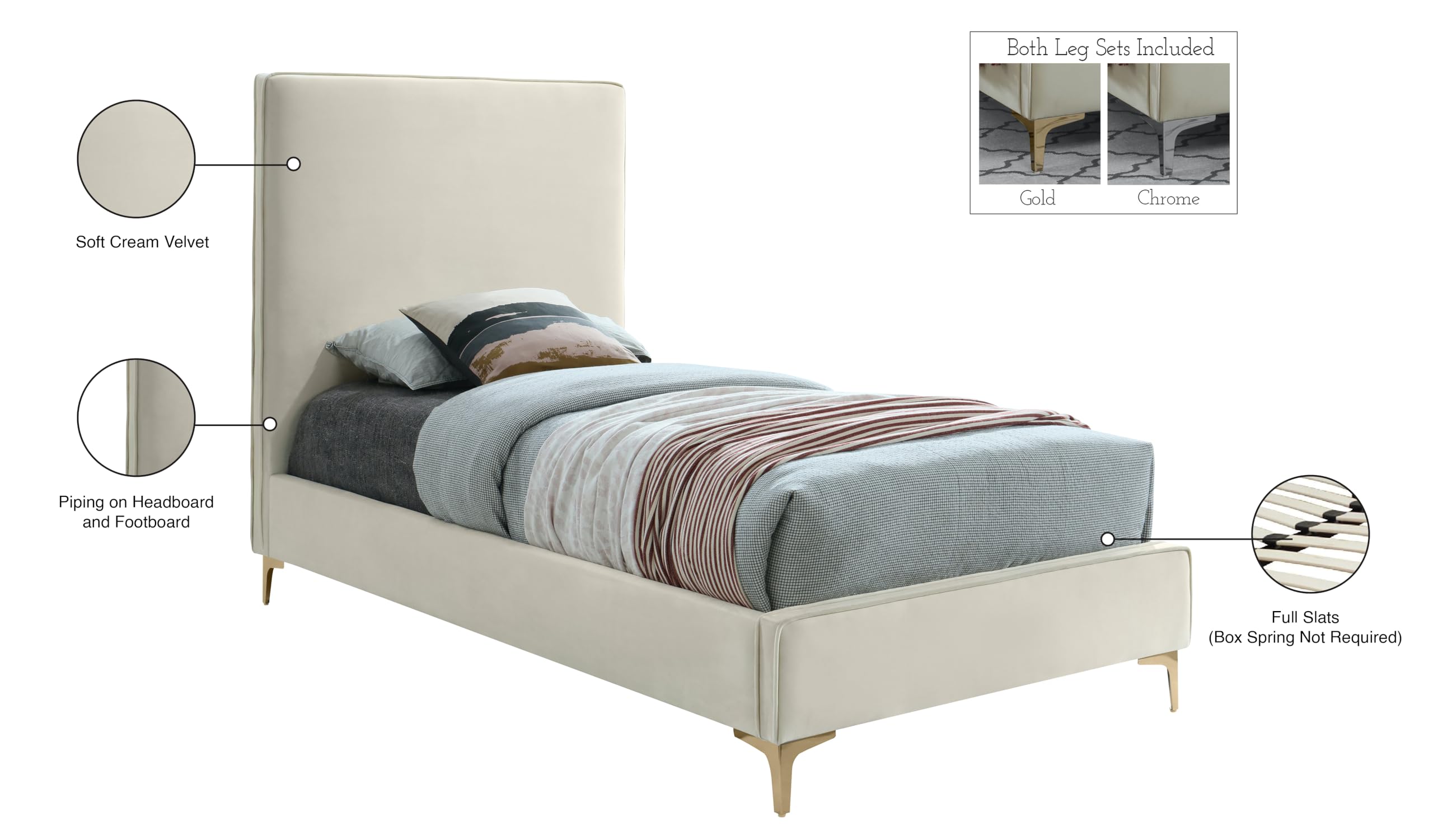 Meridian Furniture Geri Collection Modern Velvet Upholstered Bed - Twin Size Cream with Gold/Chrome Headboard | Luxury Bedroom Furniture for Contemporary Home Decor