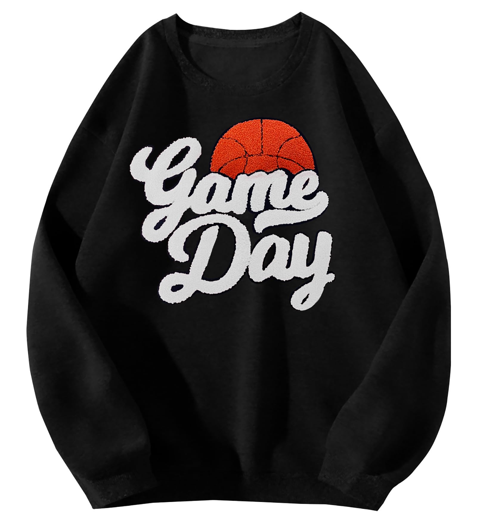 Women's Basketball Game Day Sweatshirt - Chenille Patch Graphic Long Sleeve Top for Casual Wear, Game Nights & Sports Events