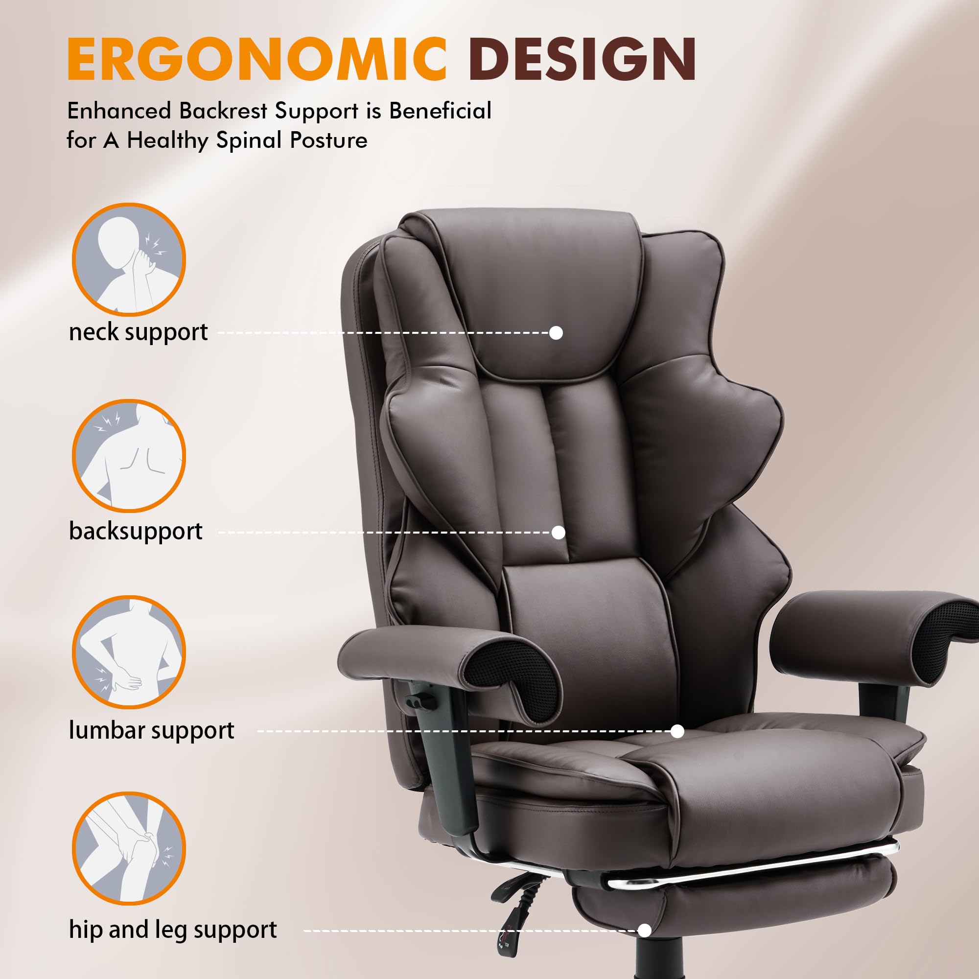 HOMREST 6-Point Massage Executive Office Chair with Heating - Ergonomic Leather Computer Desk Chair, Adjustable Armrests, Retractable Footrest & Reclining Function (Chocolate Brown) - Perfect for Home Office, Gaming & Workspace Comfort