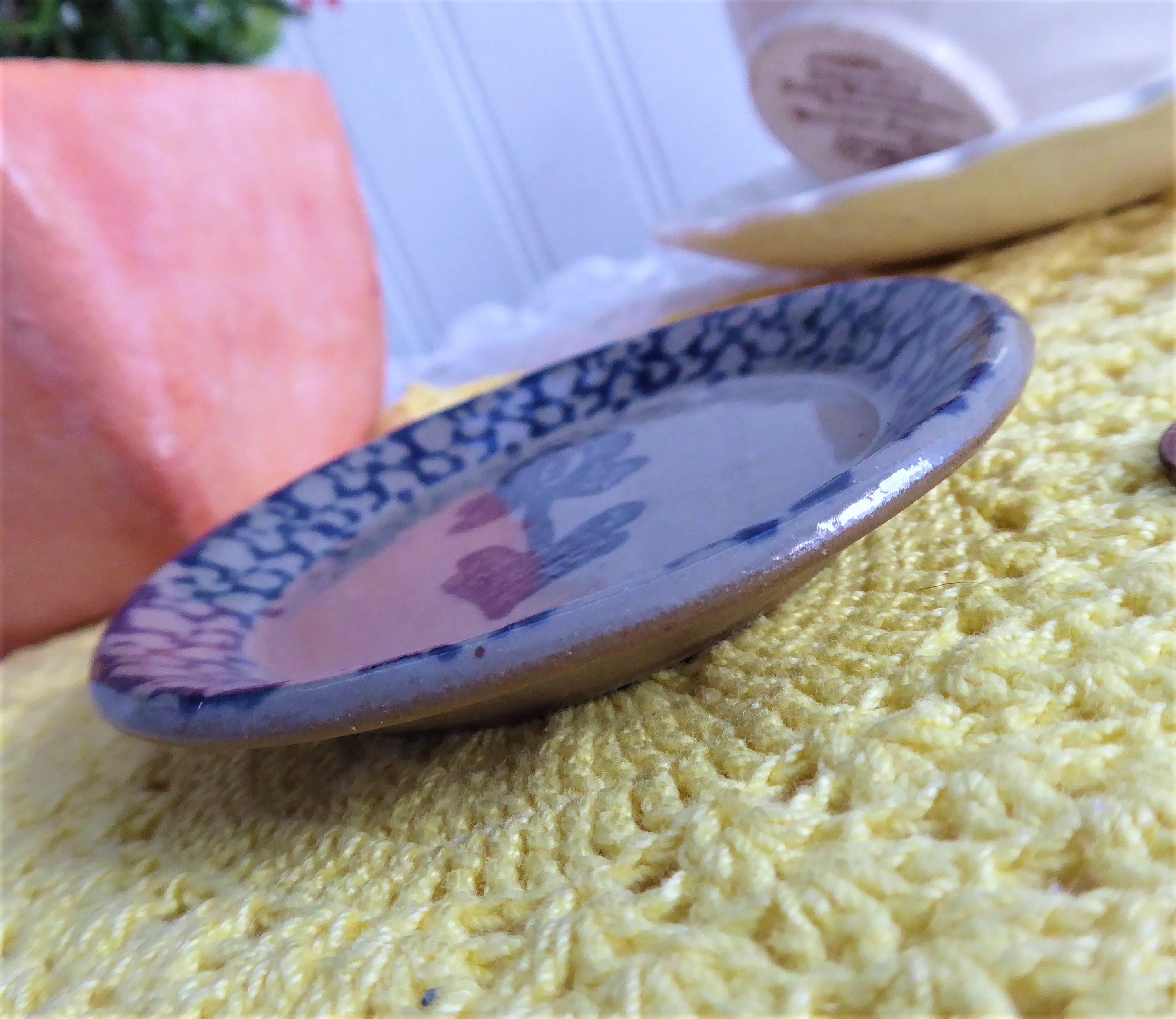 Blue Stoneware Teabag Caddy with Sponge Flower Design - Butter Pat Bennington Stoneware Tea Storage for Kitchen Countertop & Tea Station Organization