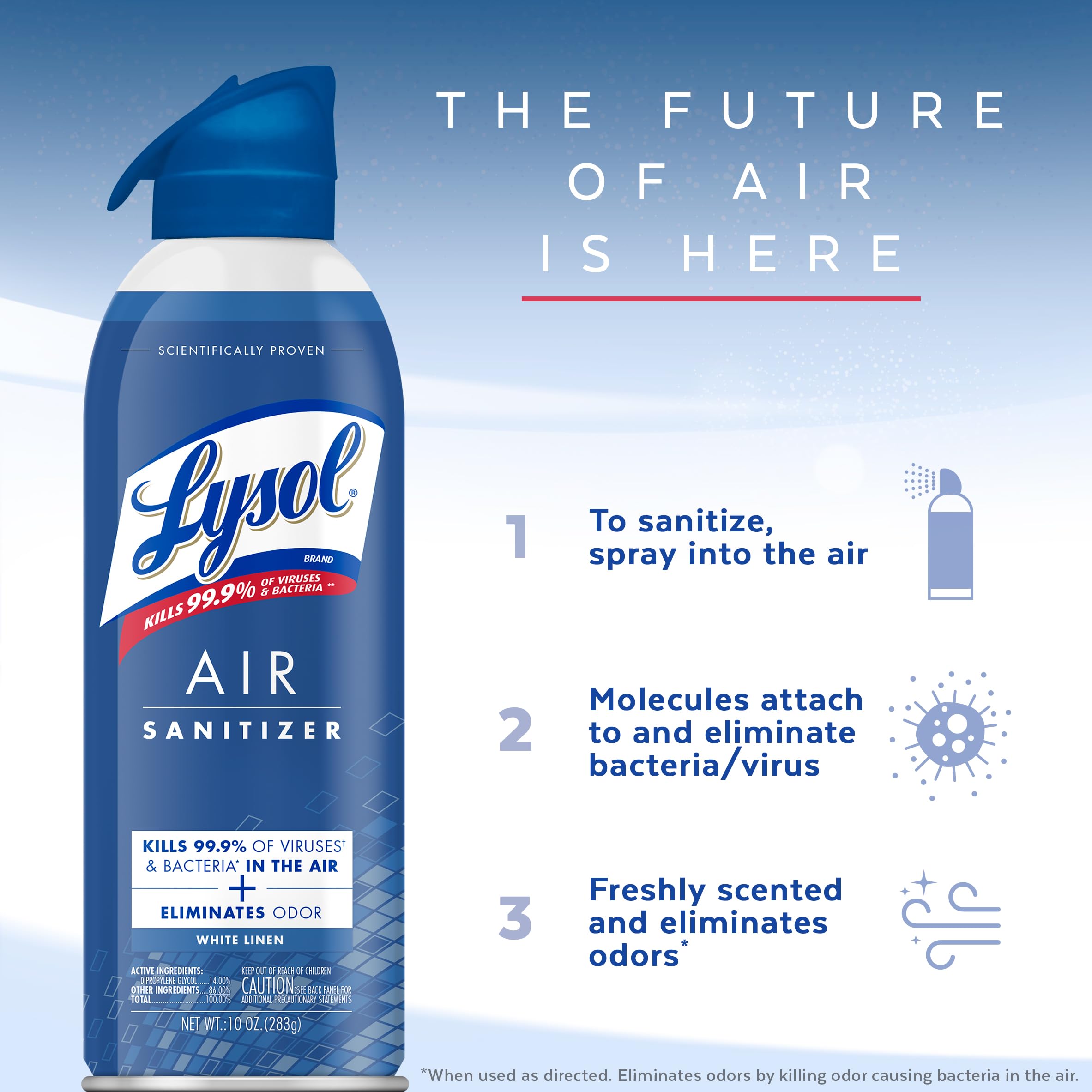 LYSOL Air Sanitizer Spray - Eliminate Odors & Freshen Air | White Linen Scent | 10 Fl Oz | Perfect for Home, Office & Car | Kills 99.9% of Airborne Bacteria