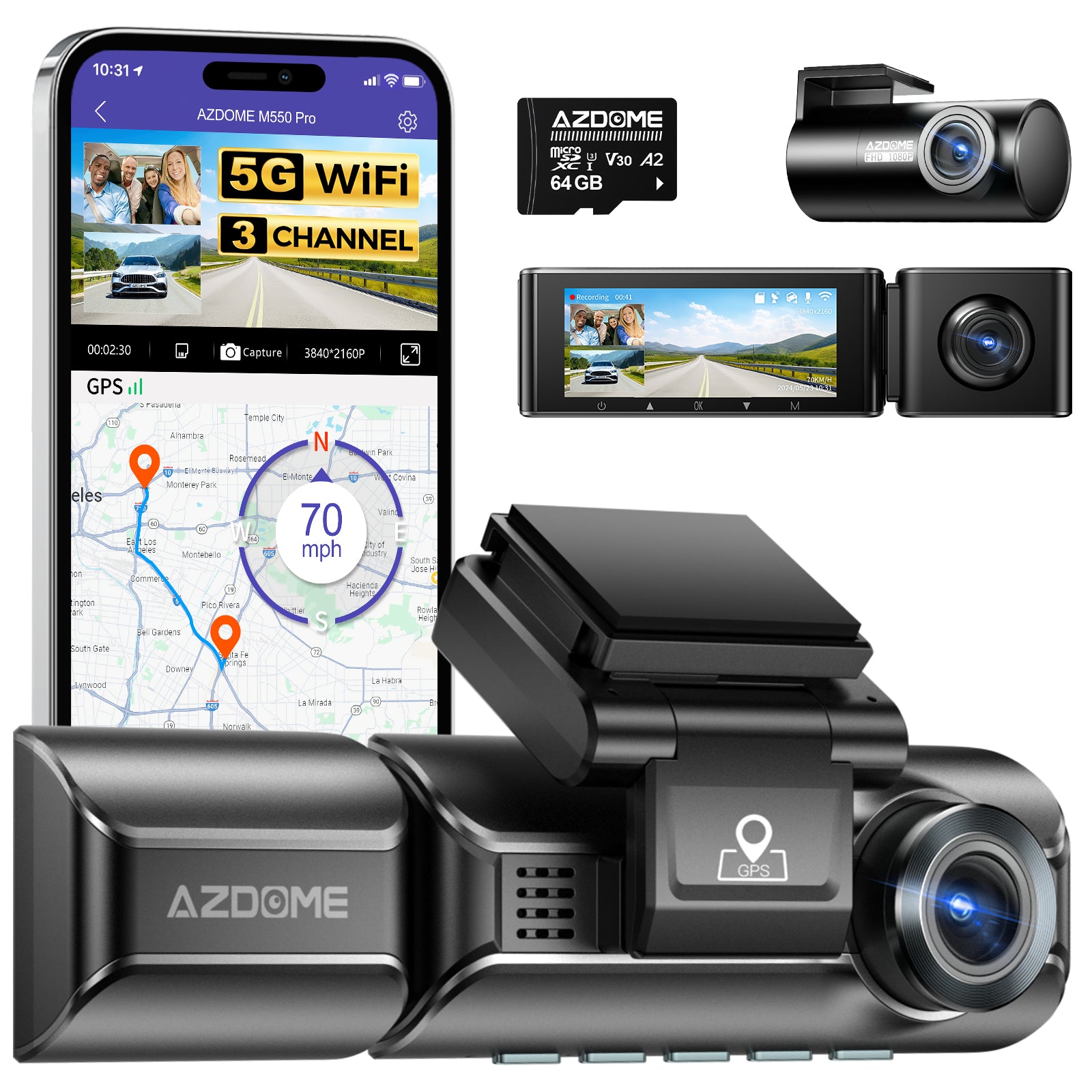 AZDOME M550 Pro 3 Channel Dash Cam 4K UHD with 5G WiFi, 3.19