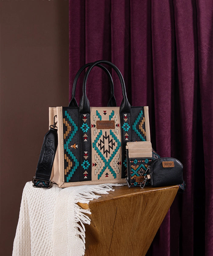 Wrangler Aztec Embroidered Whipstitch Tote Bag for Women - Stylish Boho Shoulder Bag for Travel, Beach & Shopping