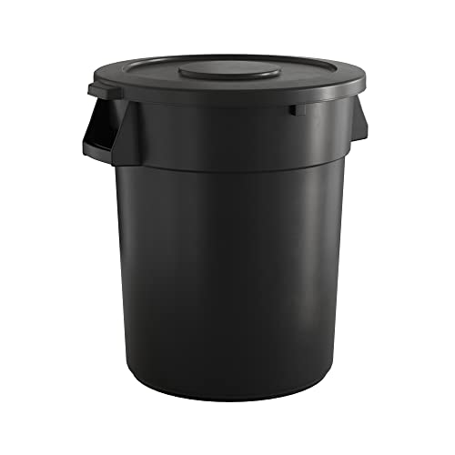 32 Gallon Black Round Commercial Trash Can with Lid - Heavy Duty Industrial Waste Bin for Office, Restaurant & Outdoor Use - Durable Krollen Garbage Container