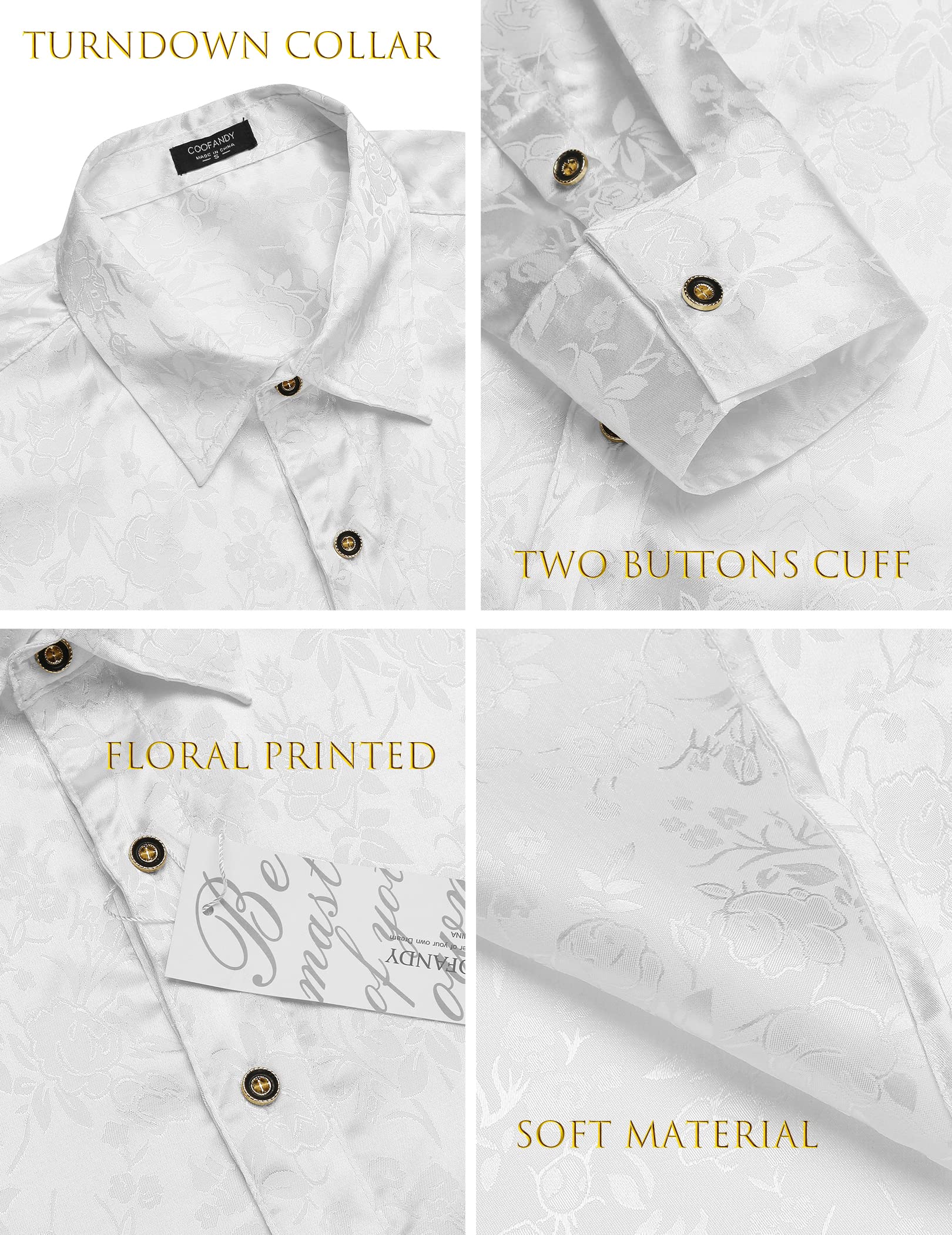 COOFANDY Men's Silk Satin Dress Shirt - Jacquard Floral Long Sleeve Button Up Shirt for Wedding, Prom & Party | Formal Occasions & Special Events
