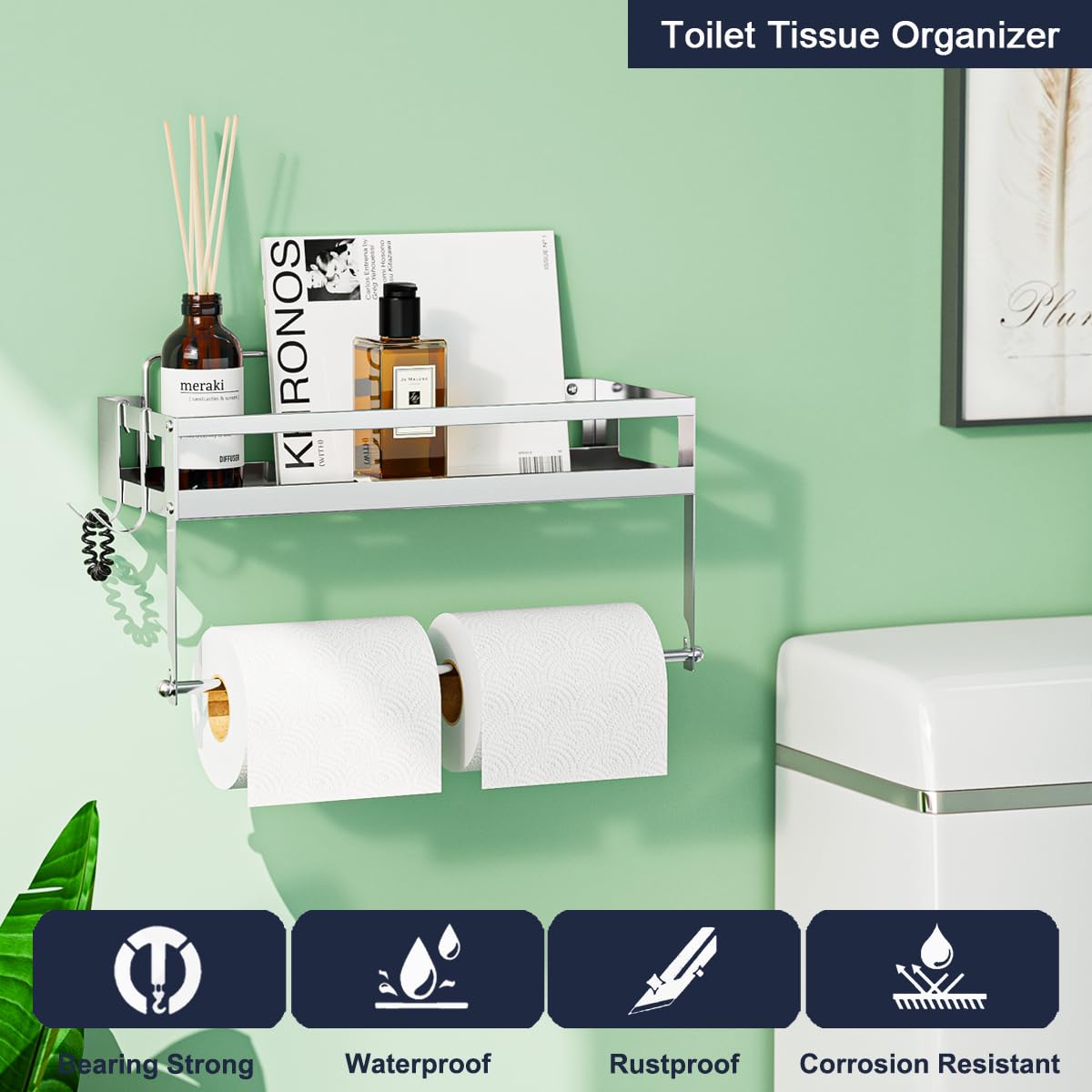 2-in-1 Wall Mounted Paper Towel Holder with Shelf Storage - SUS304 Brushed Nickel Finish - Self-Adhesive or Drilling Installation - Perfect for Kitchen, Bathroom & Balcony Organization - Space Saving Home & Office Storage Solution