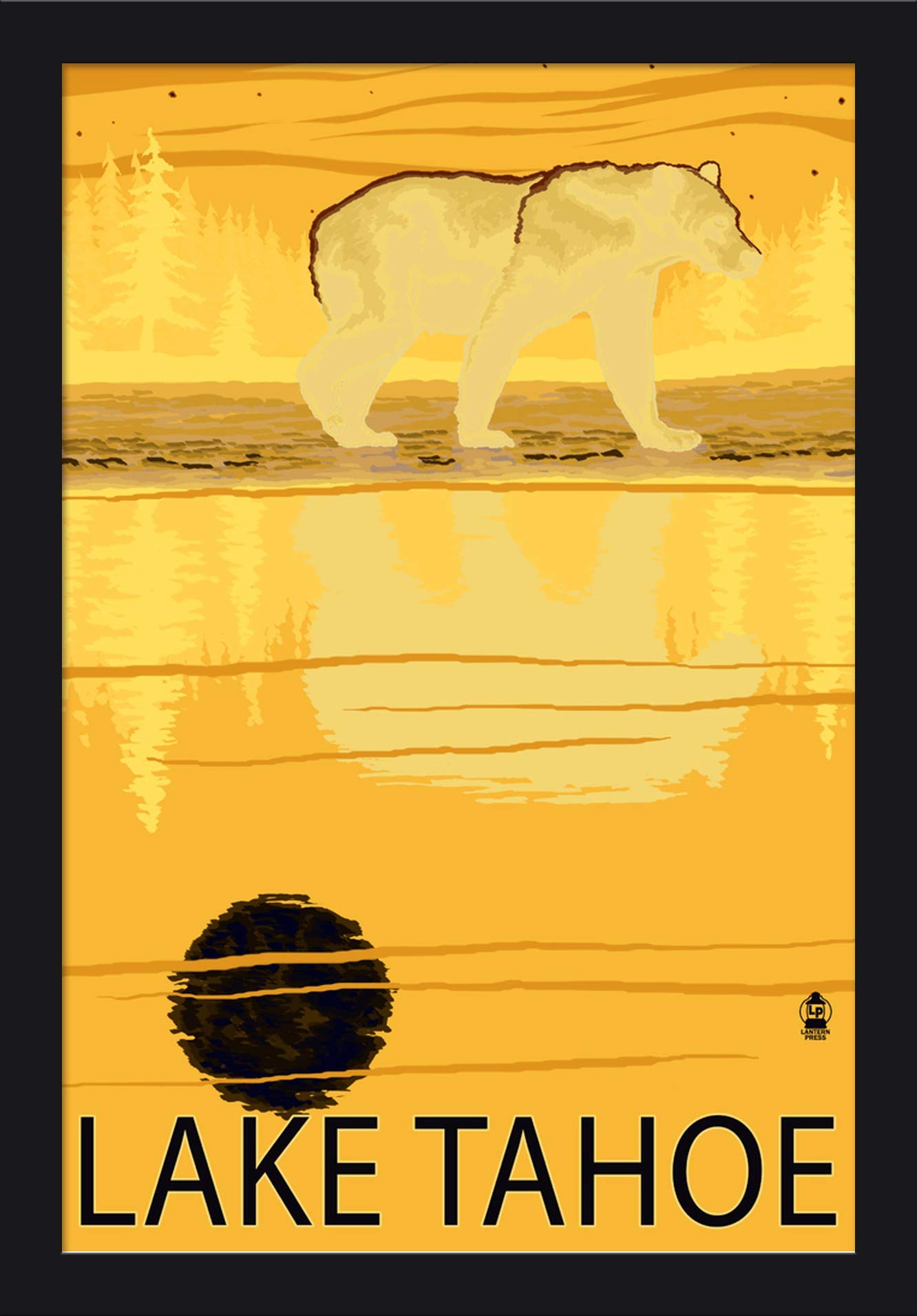 Lake Tahoe California Bear at Night - 16x24 Giclee Fine Art Print with Recycled Wood Black Frame - Perfect for Living Room, Bedroom & Office Wall Decor