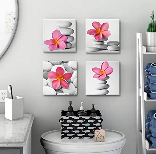 Modern Pink Flowers & Grey Pebble Stones Canvas Wall Art - Bathroom & Bedroom Decor for Home, Office, or Gift - Genius Decor