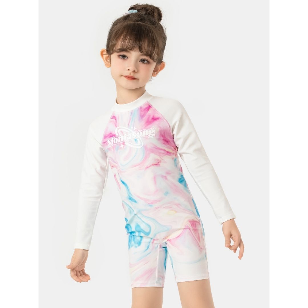 Kids Girls Long Sleeve Tie Dye Swimsuit with Zipper - UV Protection Rash Guard for Beach, Pool & Water Play | 907425