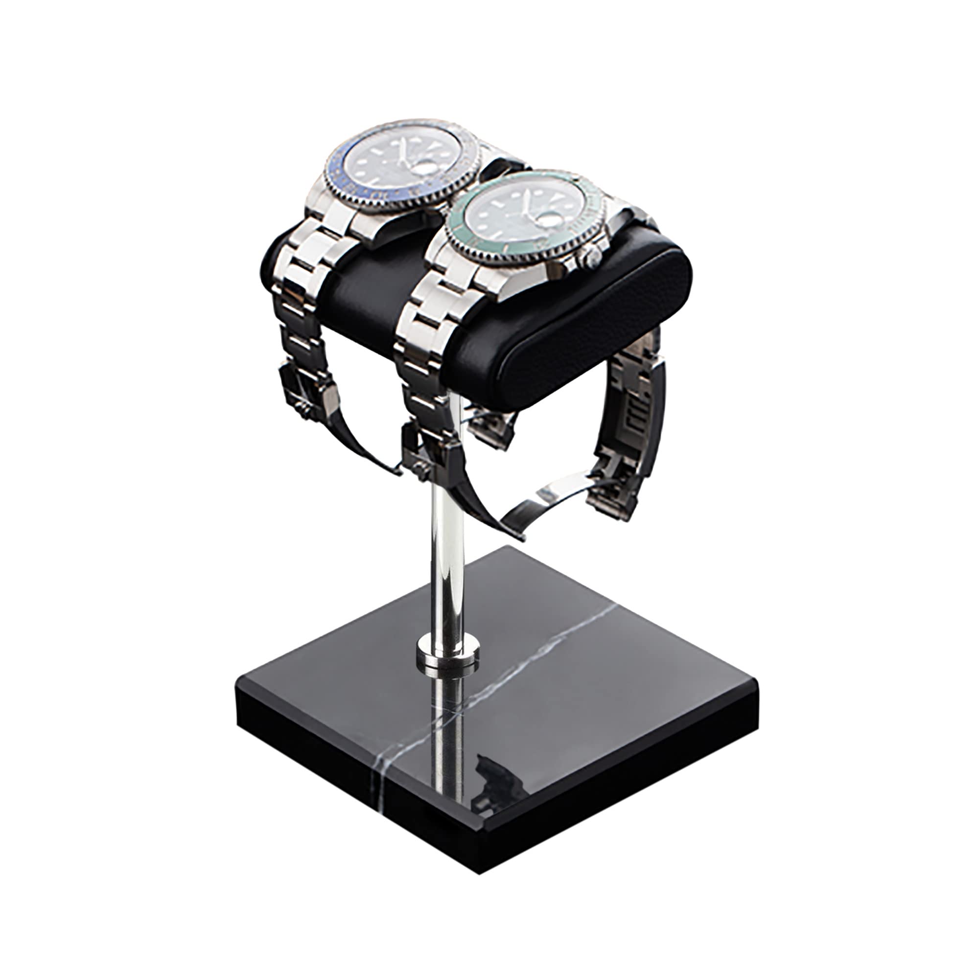 Luxury Italian Napa Leather Watch Stand with Natural Marble Base - Premium Watch Display Organizer & Jewelry Holder for Rolex, Omega, Apple Watch (Black/Silver) - Perfect for Home Office, Dresser & Gift Giving
