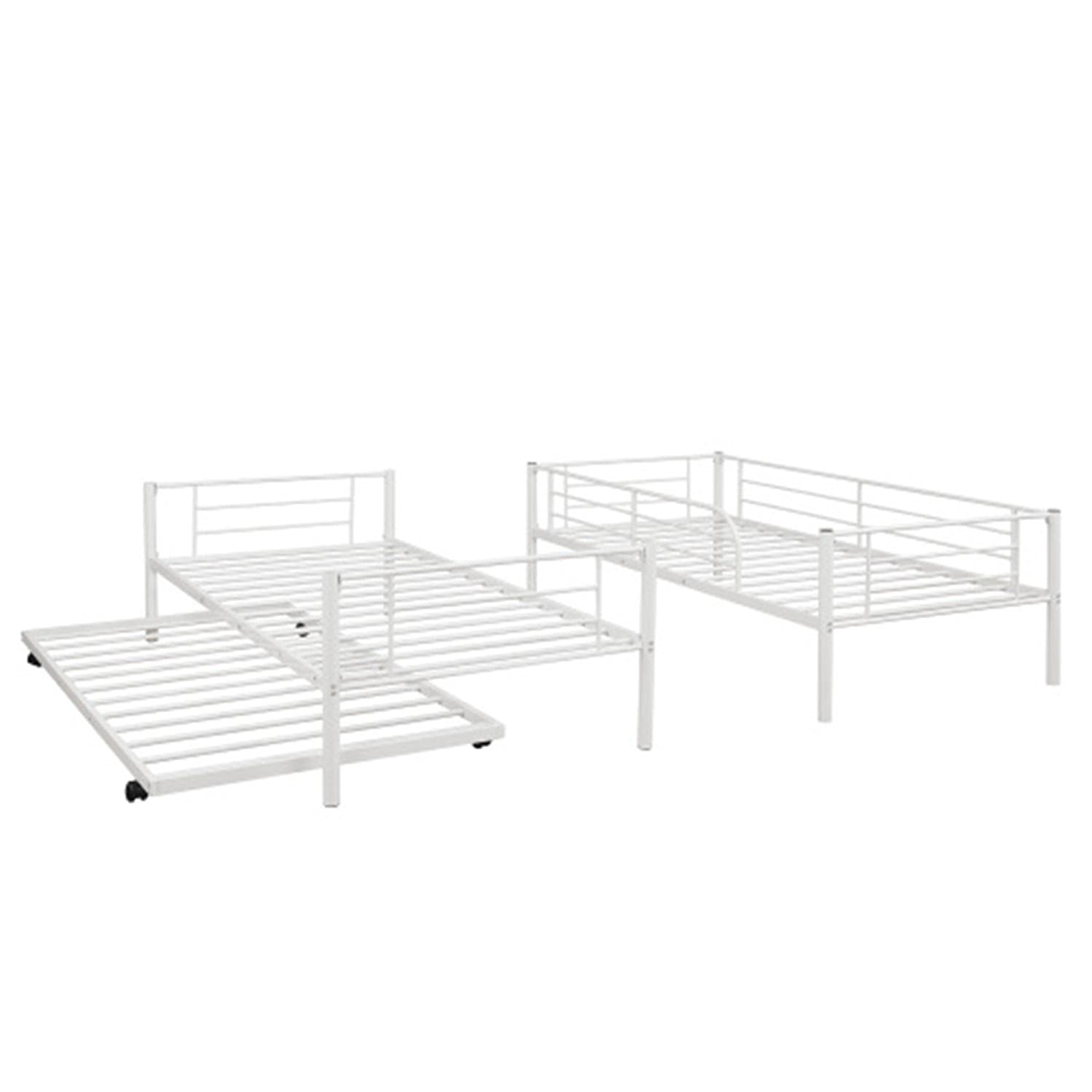 Twin Over Twin Bunk Bed with Trundle - Sturdy Metal Bunk Bed Frame with Ladder & Safety Guardrail for Adults & Teens - No Box Spring Required - Convertible to 2 Separate Beds - White - Perfect for Small Bedrooms, Guest Rooms & Vacation Homes