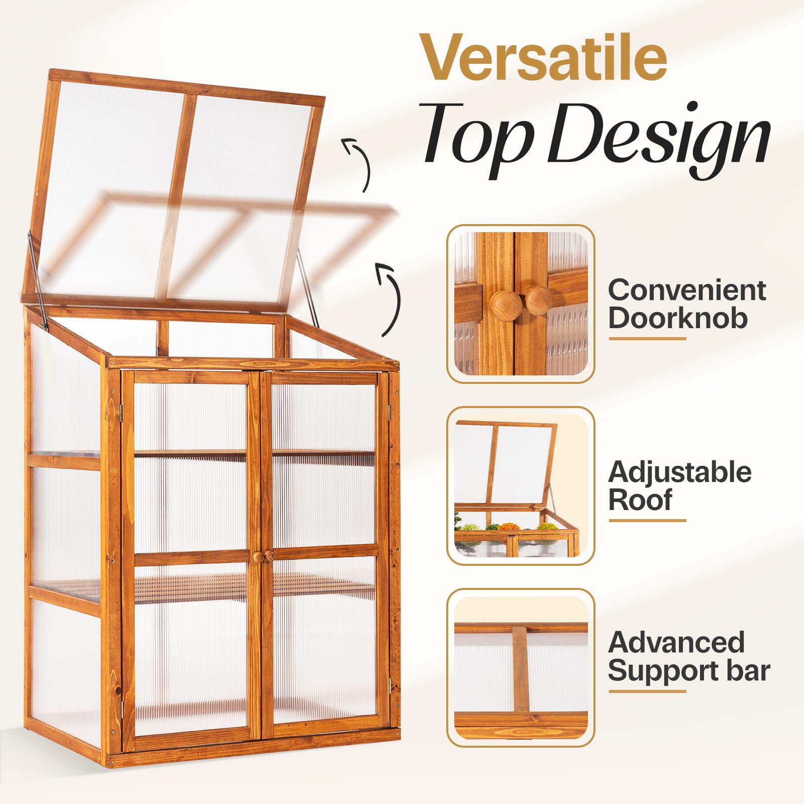 IDZO Fir Wood Cold Frame Greenhouse for Outdoor Gardening - 2-Tier Greenhouse Cabinet with Clear Polycarbonate Panels & Foldable Roof - Perfect for Seedlings, Herbs, and Plant Protection in All Seasons - Easy Assembly Greenhouse for Backyard, Patio, and Balcony