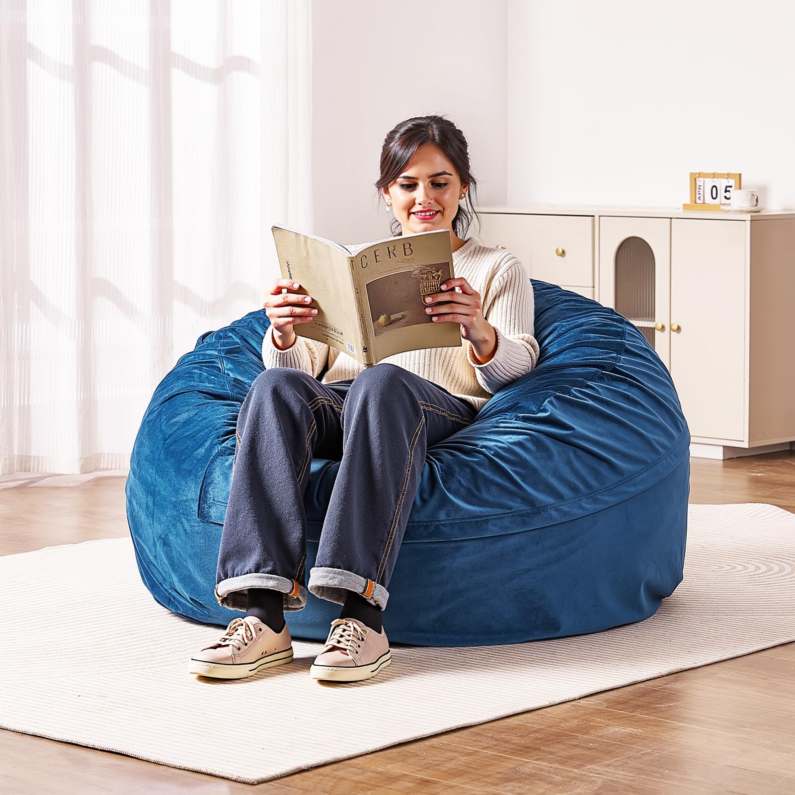 VEVOR Round Bean Bag Chair for Adults - Removable Washable Cover, Dutch Velvet Fabric & High-Density Foam Filling with Handle and Side Pocket - Perfect for Living Room, Bedroom, Office or Dorm - Blue (Home Decor & Comfort Seating)