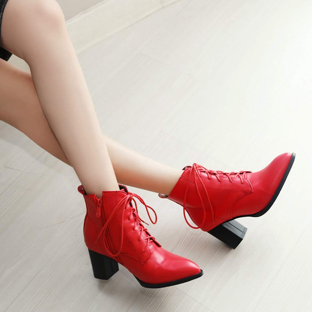 MIOKE Women's Pointed Toe Ankle Boots - Chunky Block Heel Western Chelsea Booties, Lace Up Dressy Short Boots for Casual Outfits & Office Wear