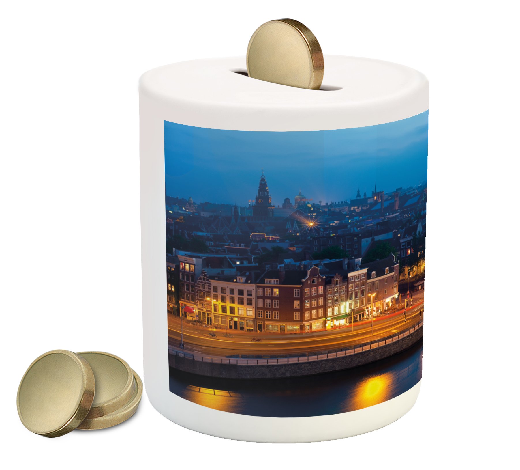 Ambesonne Amsterdam Night View Piggy Bank - Ceramic Money Box with European Cityscape Design for Cash Savings | Perfect Gift for Travel Lovers & Home Decor