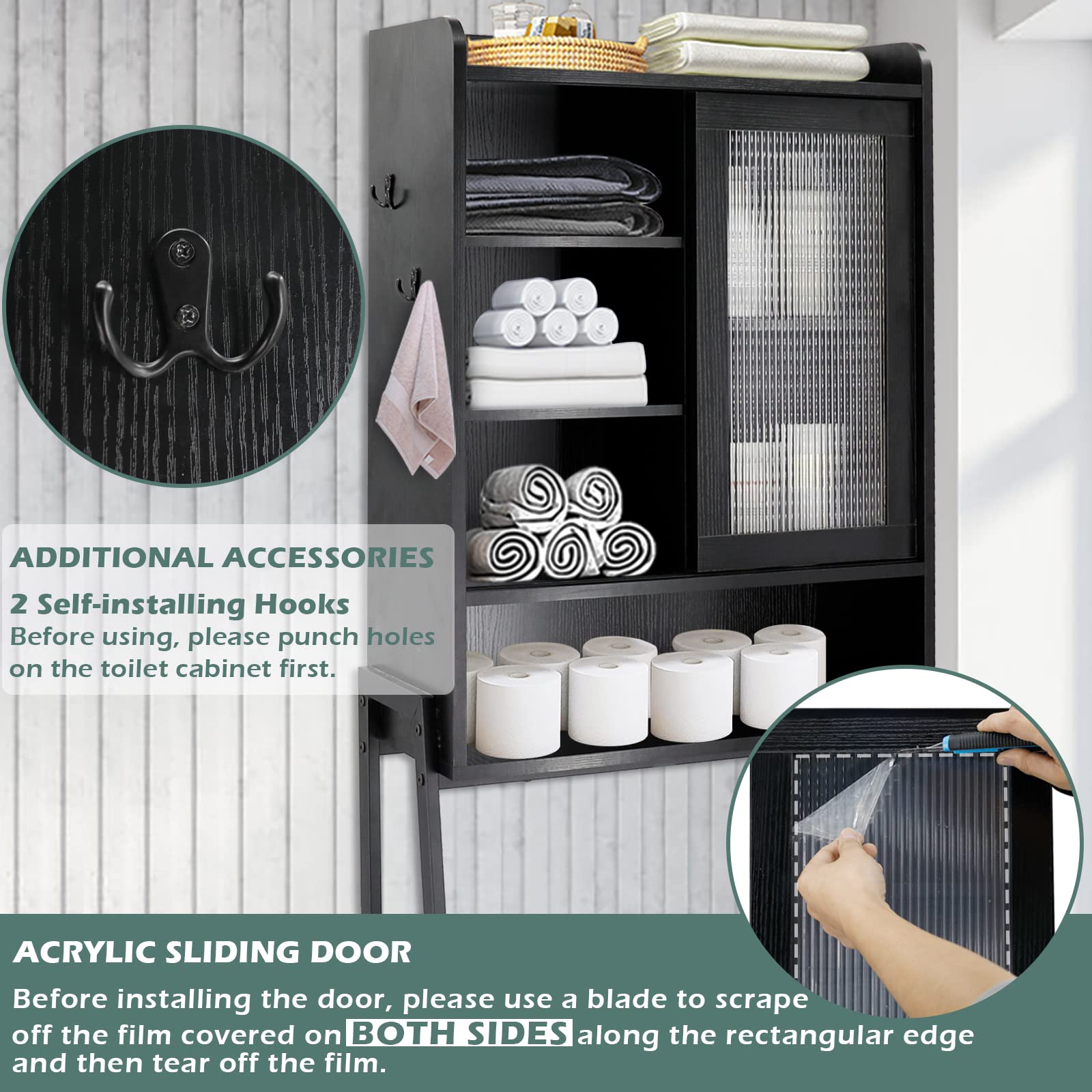 Over Toilet Storage Cabinet - Freestanding Bathroom Organizer with Adjustable Shelves & Acrylic Sliding Door | Space Saving Metal Frame Shelf for Towels, Toiletries & Bathroom Essentials | Perfect for Small Bathrooms, Apartments & Powder Rooms