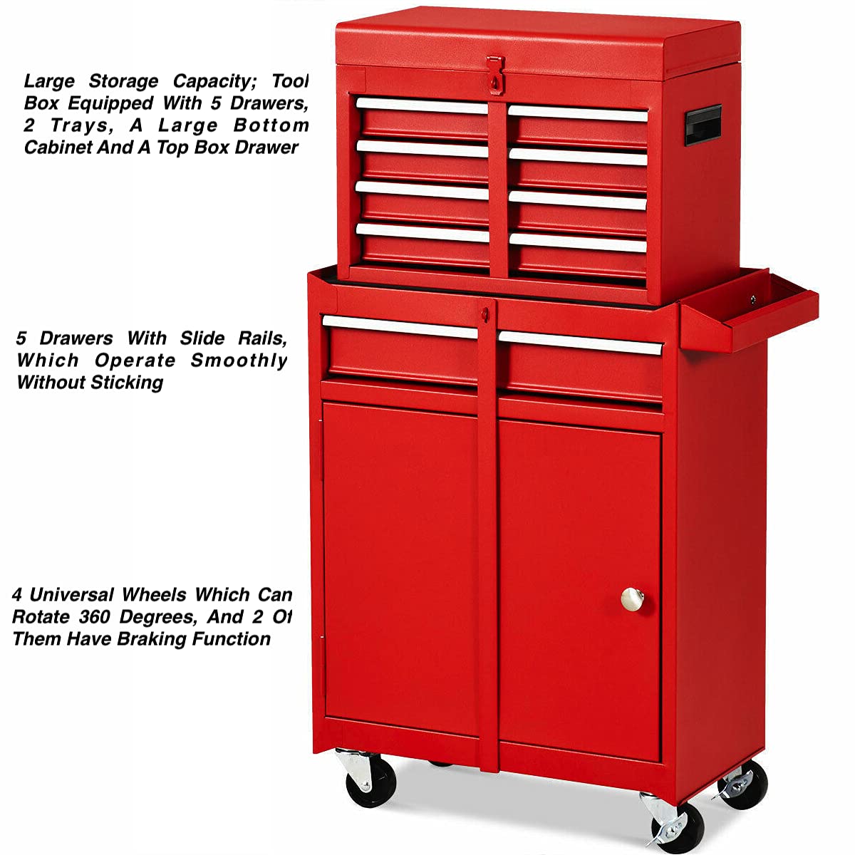 2-Piece Red Portable Removable Tool Chest Cabinet with 5 Sliding Drawers & 2 Trays - Large Bottom Cabinet & Top Box Drawer Organizer for Garage, Mechanics, Craftsman, Home & Warehouse - Perfect for Tool Storage & Workshop Organization