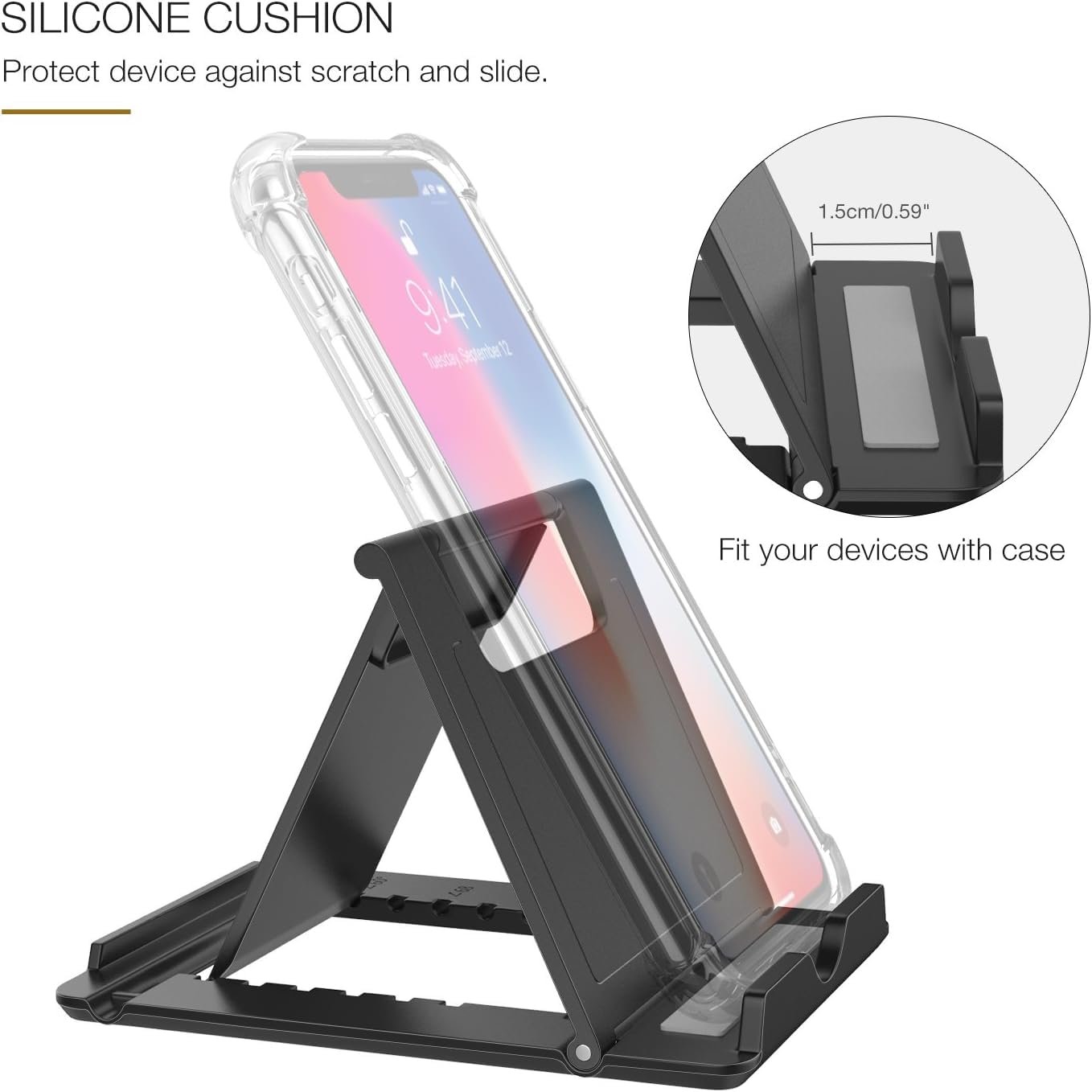 MoKo Foldable Phone & Tablet Stand Holder - Compatible with iPhone 16/15/14/13 Pro/Max/Plus Series, iPad, Samsung Galaxy - Adjustable Angle for Desk, Bed, Car & Office Use - Black