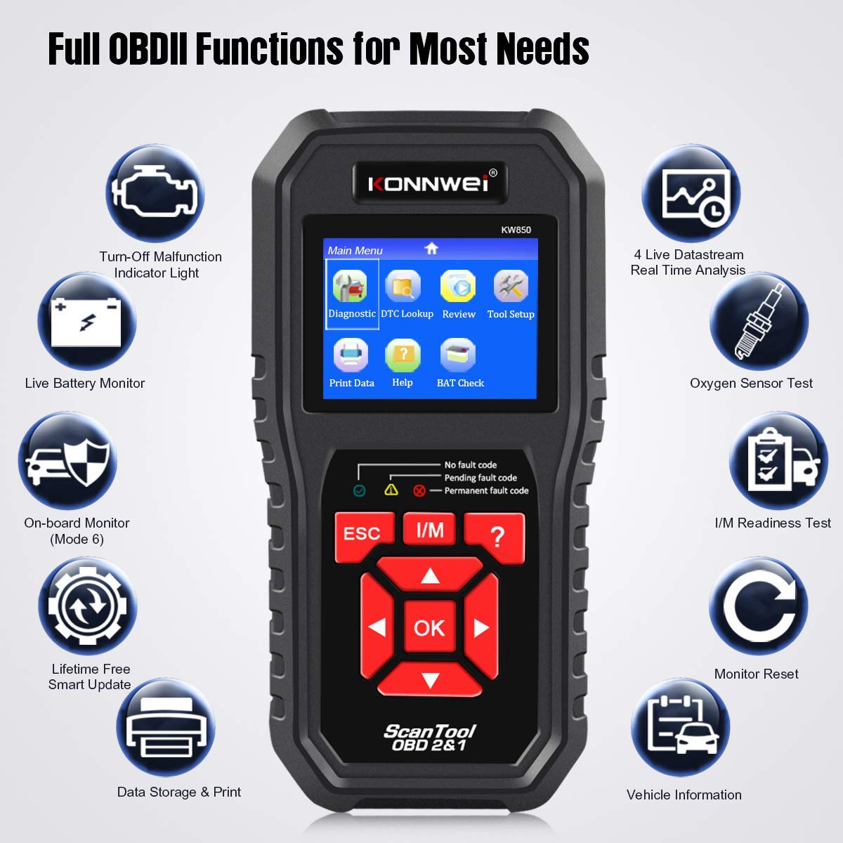 KW850 OBD2 Scanner & KW650 Car Battery Tester - Professional Automotive Diagnostic Tool for Engine Fault Codes & Battery Health Check - Perfect for Mechanics, DIY Enthusiasts & Roadside Emergencies