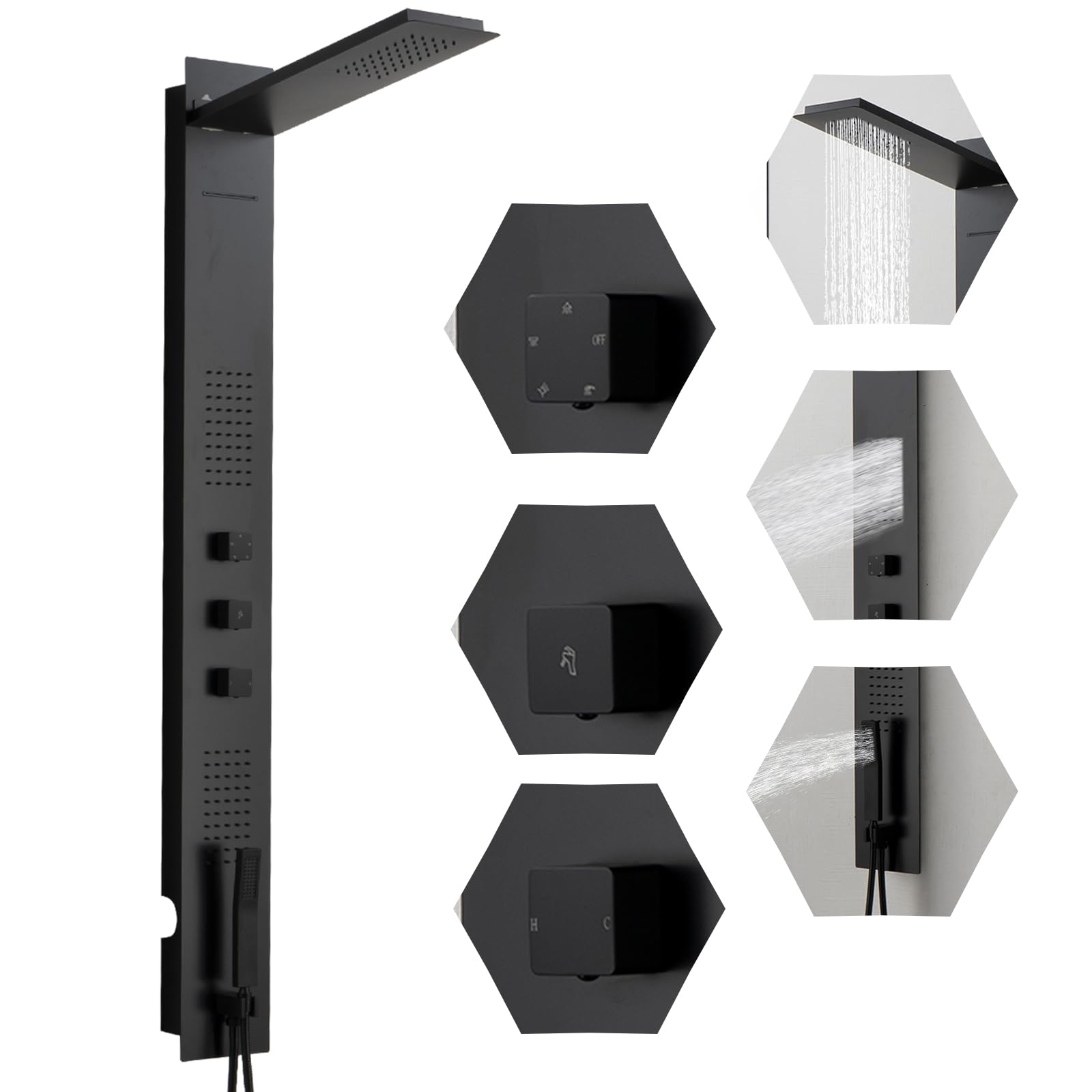 BWE Modern Rainfall Shower Panel Tower System - 304 Stainless Steel Multi-Function Shower Tower with 2 Powerful Body Jets & Handheld Showerhead (Black) - Perfect for Spa-Like Bathroom Upgrades and Luxury Shower Experience