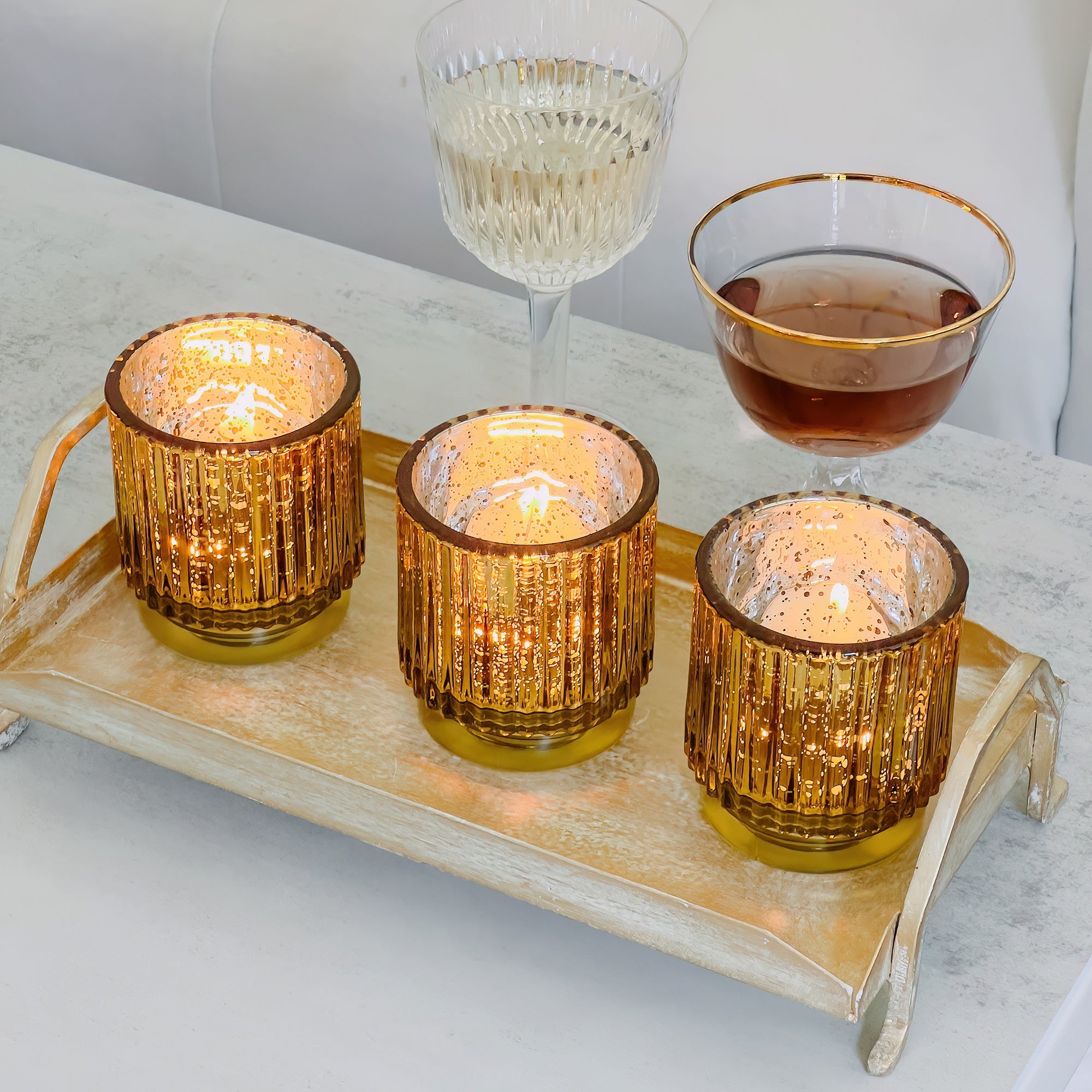 Elegant Ribbed Gold Glass Votive Candle Holders - Set of 6 for Wedding Centerpieces, Romantic Dinner Decor & Holiday Table Settings
