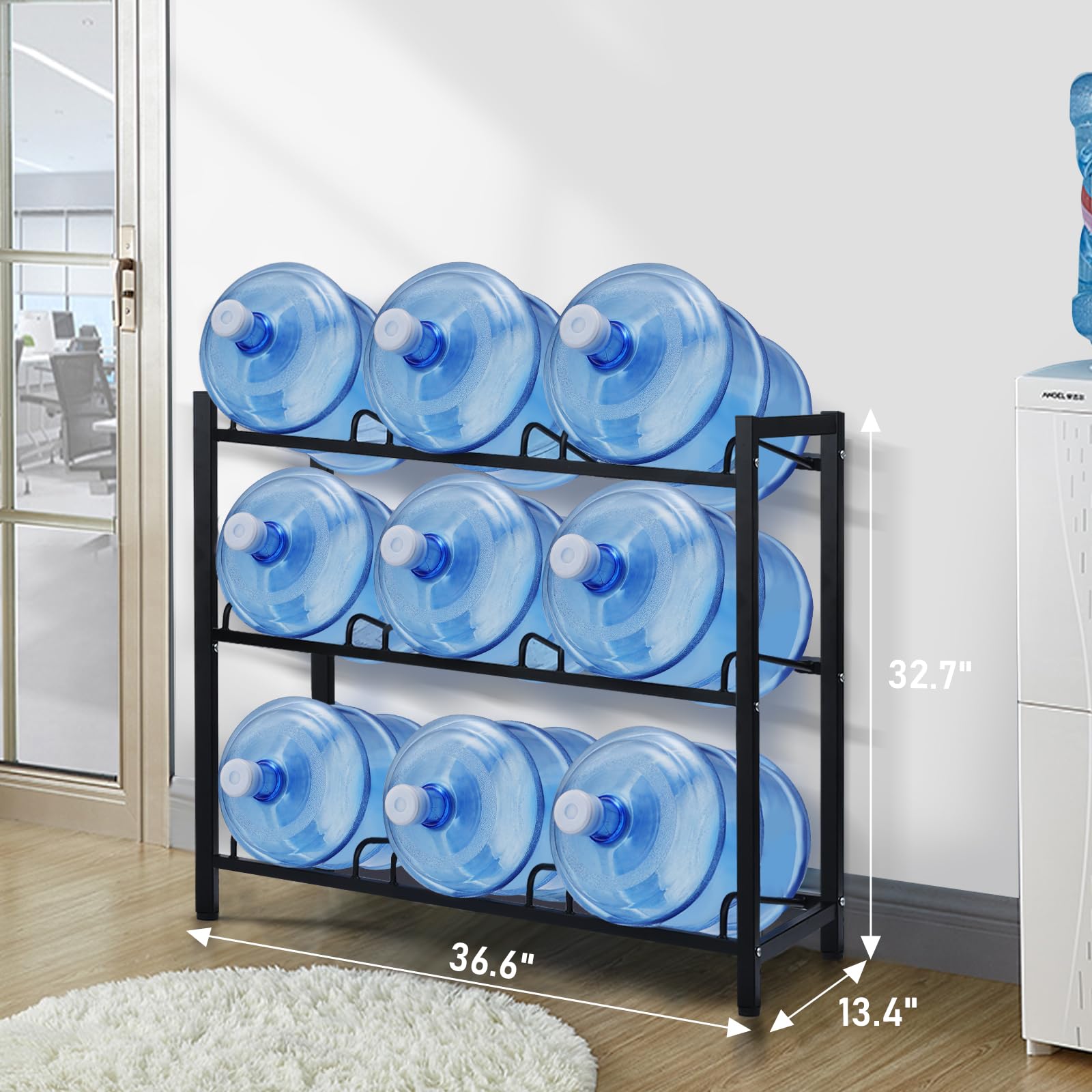 9-Tray Heavy Duty Carbon Steel Water Jug Rack - 5 Gallon Water Cooler Bottle Holder Stand for Home, Office & Warehouse | Space-Saving 3-Tier Organizer for Kitchen, Pantry & Utility Rooms (Black)