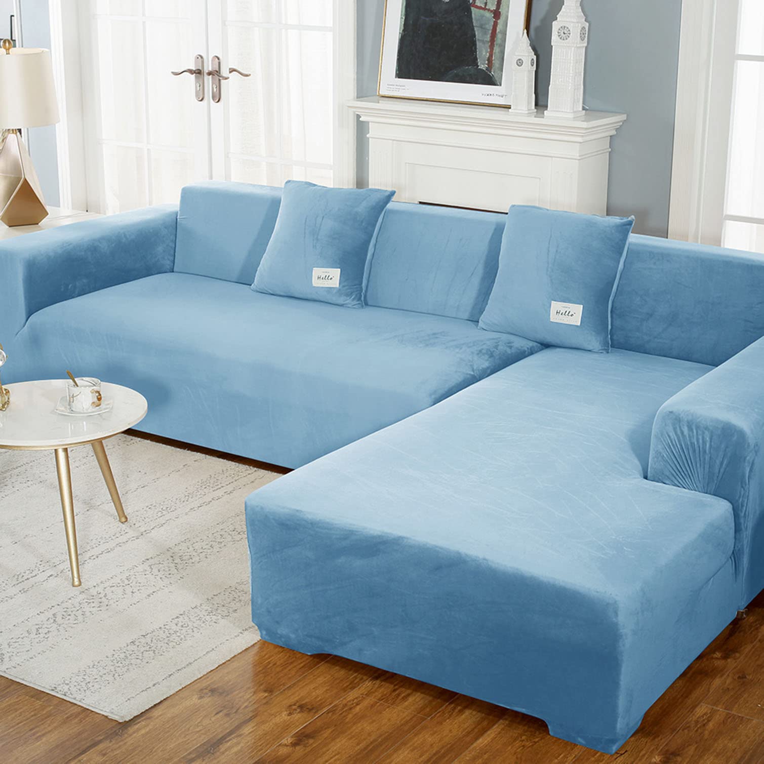 YOPOIY Stretch Velvet Corner Couch Covers - Non-Slip L-Shaped Sofa Slipcover for 1-2 & 3 Seater, Machine Washable Furniture Protector (Blue) | Perfect for Living Room, Home Theater & Family Gatherings