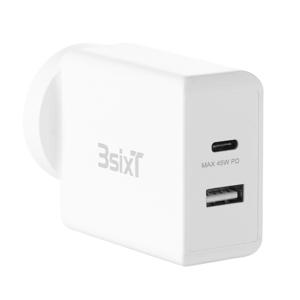 3SixT ANZ 45W USB C PD Fast Wall Charger with 2.4A Port - White | Compact Travel Charger for iPhone, Samsung, MacBook & More