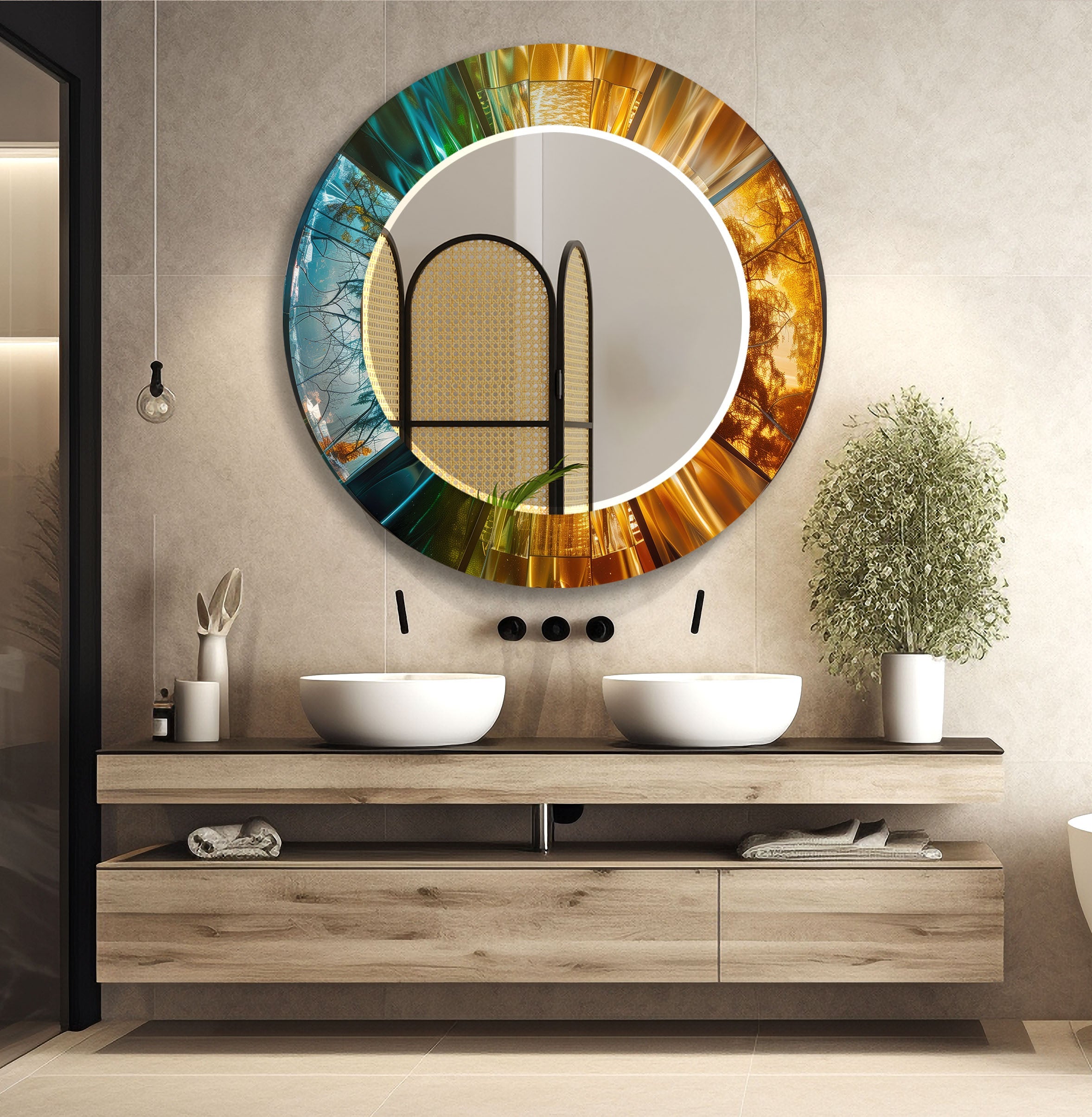 Blue and Gold Abstract Wall Mirrors - Modern Decorative Mirror for Living Room, Bedroom & Entryway - Stylish Home Decor Accent Piece