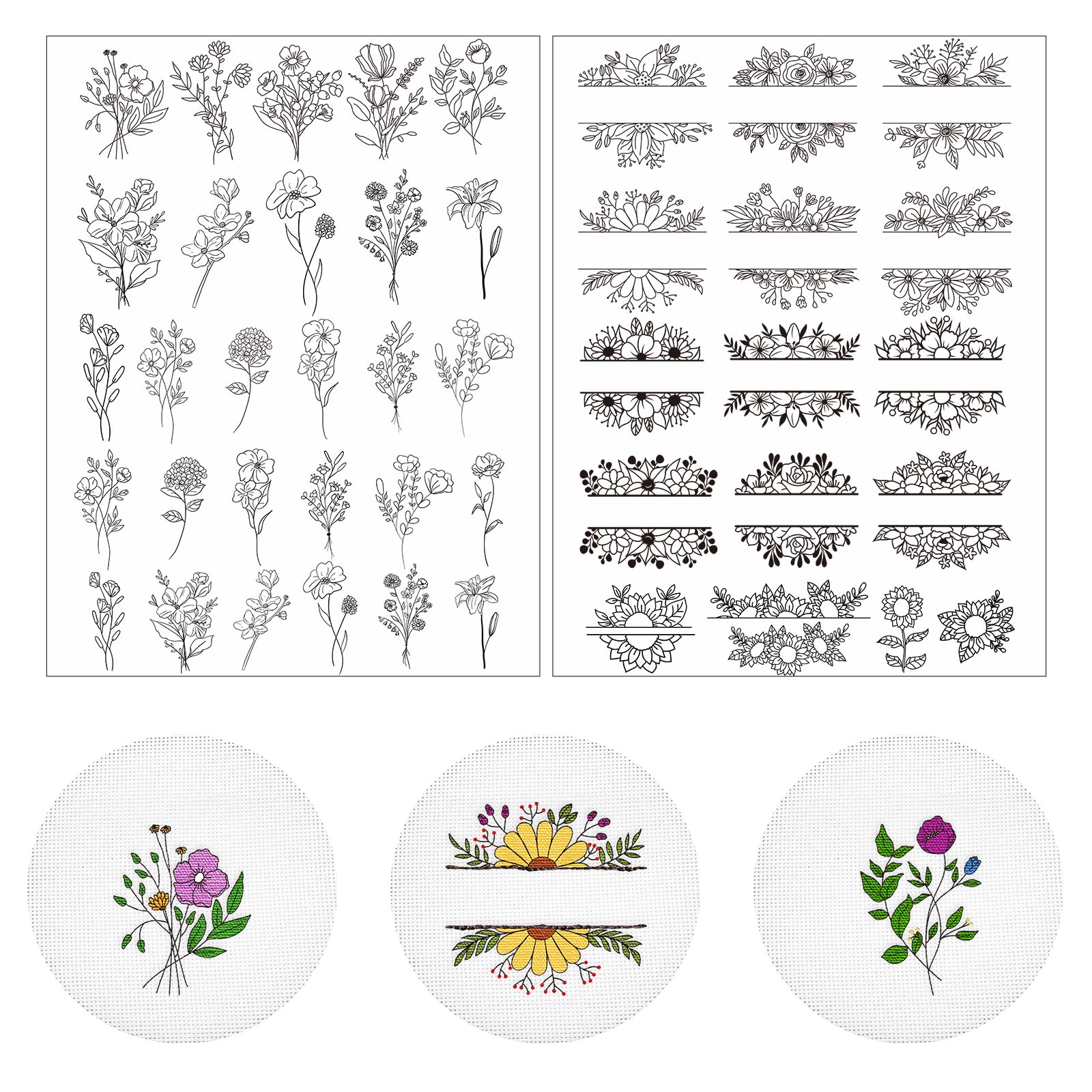 Water Soluble Embroidery Patterns - 44 Pcs Flower Design Stick and Stitch Stabilizer Papers for Hand Sewing | Wash Away Floral Transfer Patterns for DIY Crafts, Quilting & Fabric Projects