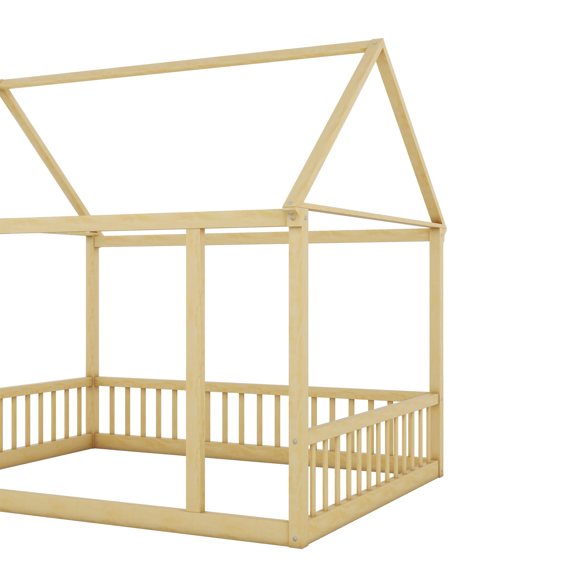 Bellemave Full Size Floor Bed for Kids - Wooden House Bed Frame with Safety Fence, Montessori Style Playhouse Bed for Boys & Girls - Perfect for Bedrooms, Playrooms & Montessori Learning Environments